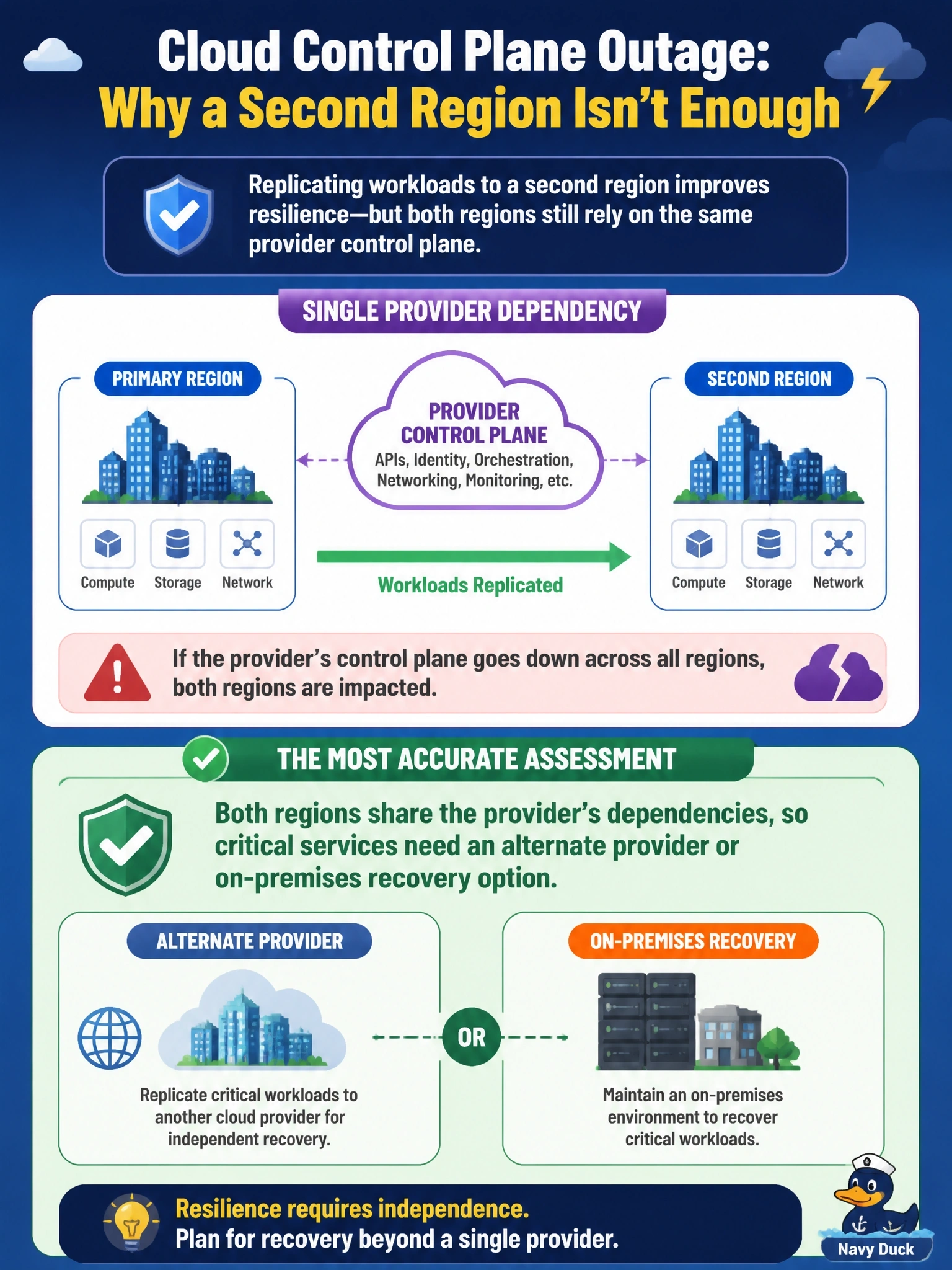 To Create an exciting colorful infographic that explains the concepts in the question: Question: A company's disaster recovery plan replicates critical workloads from its primary region to a second region of the same public cloud provider. During a risk review, the CISO asks what happens if the provider suffers an outage affecting its control plane across all regions. What is the most accurate assessment? Correct Answer: Both regions share the provider's dependencies, so critical services need an alternate provider or on-premises recovery option Put EVERY visible label in double quotes. No people. No A/B/C/D letters. In one of the four corners put a little "Navy Duck".