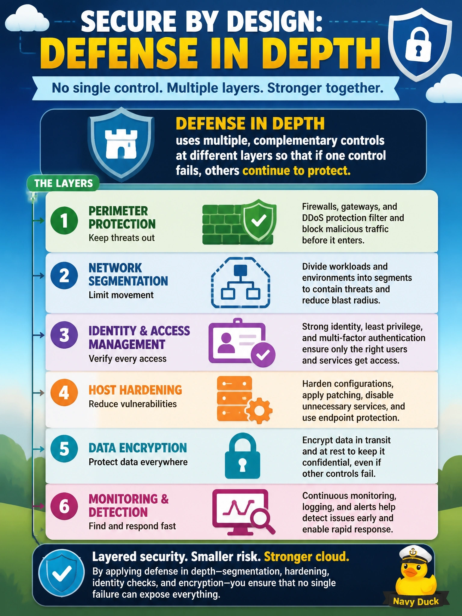 To Create an exciting colorful infographic that explains the concepts in the question: Question: A proposed cloud design places a single perimeter firewall in front of every workload and relies on it as the only security control, with flat internal networks, default host configurations and no encryption between tiers. Which secure design principle should the security architect apply? Correct Answer: Defense in depth, adding layered controls such as segmentation, hardening, identity checks and encryption so no single failure exposes everything Put EVERY visible label in double quotes. No people. No A/B/C/D letters. In one of the four corners put a little "Navy Duck".