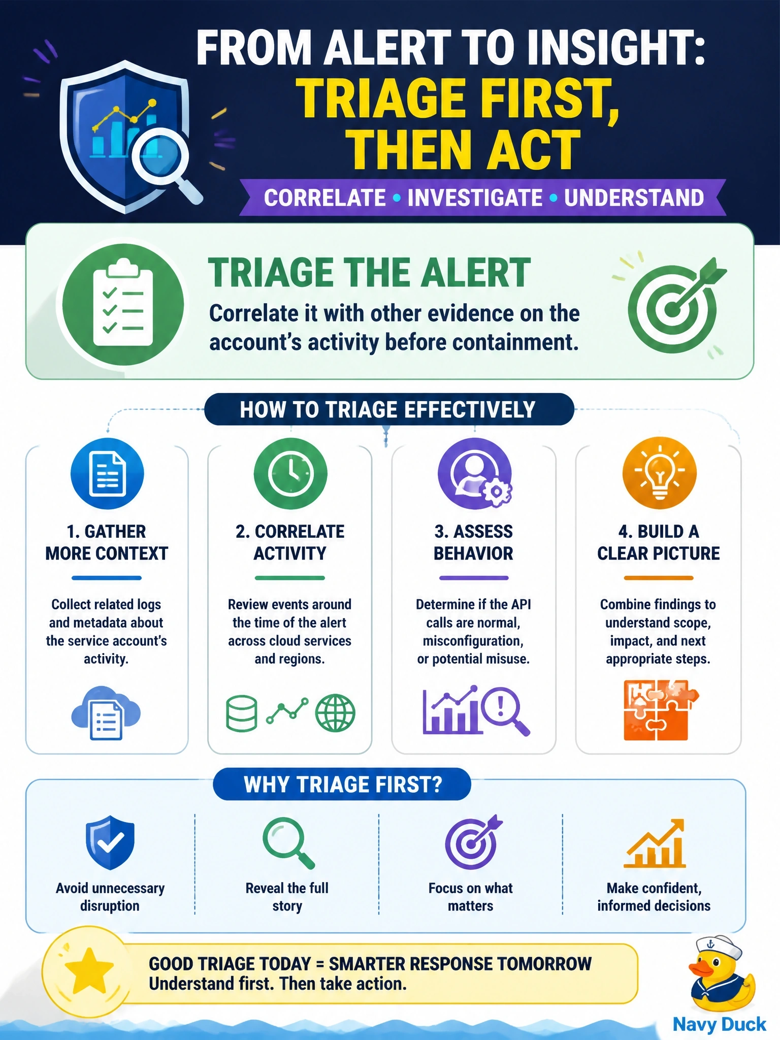 To Create an exciting colorful infographic that explains the concepts in the question: Question: A machine learning detector analyzing cloud audit logs flags unusual API calls from a service account that normally runs a nightly backup job. The calls began an hour ago and include listing storage buckets the account has never accessed. What should the security analyst do next? Correct Answer: Triage the alert, correlating it with other evidence on the account's activity before containment Put EVERY visible label in double quotes. No people. No A/B/C/D letters. In one of the four corners put a little "Navy Duck".