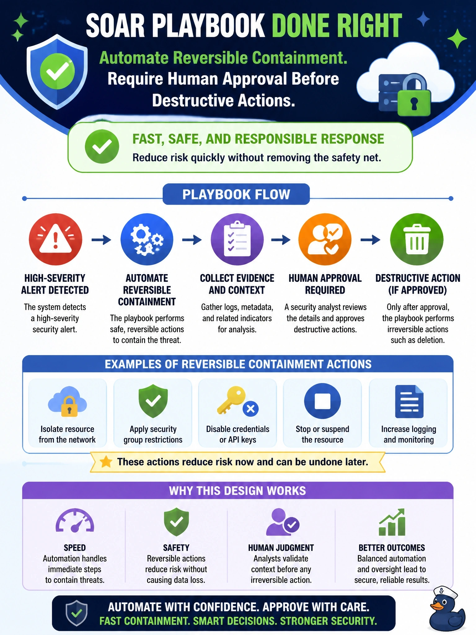 To Create an exciting colorful infographic that explains the concepts in the question: Question: An analyst proposes a SOAR playbook that automatically deletes any cloud resource associated with a high-severity alert, with no human review, to minimize response time. What is the most appropriate design for the playbook? Correct Answer: Automate reversible containment steps, and require human approval before destructive actions such as deletion Put EVERY visible label in double quotes. No people. No A/B/C/D letters. In one of the four corners put a little "Navy Duck".