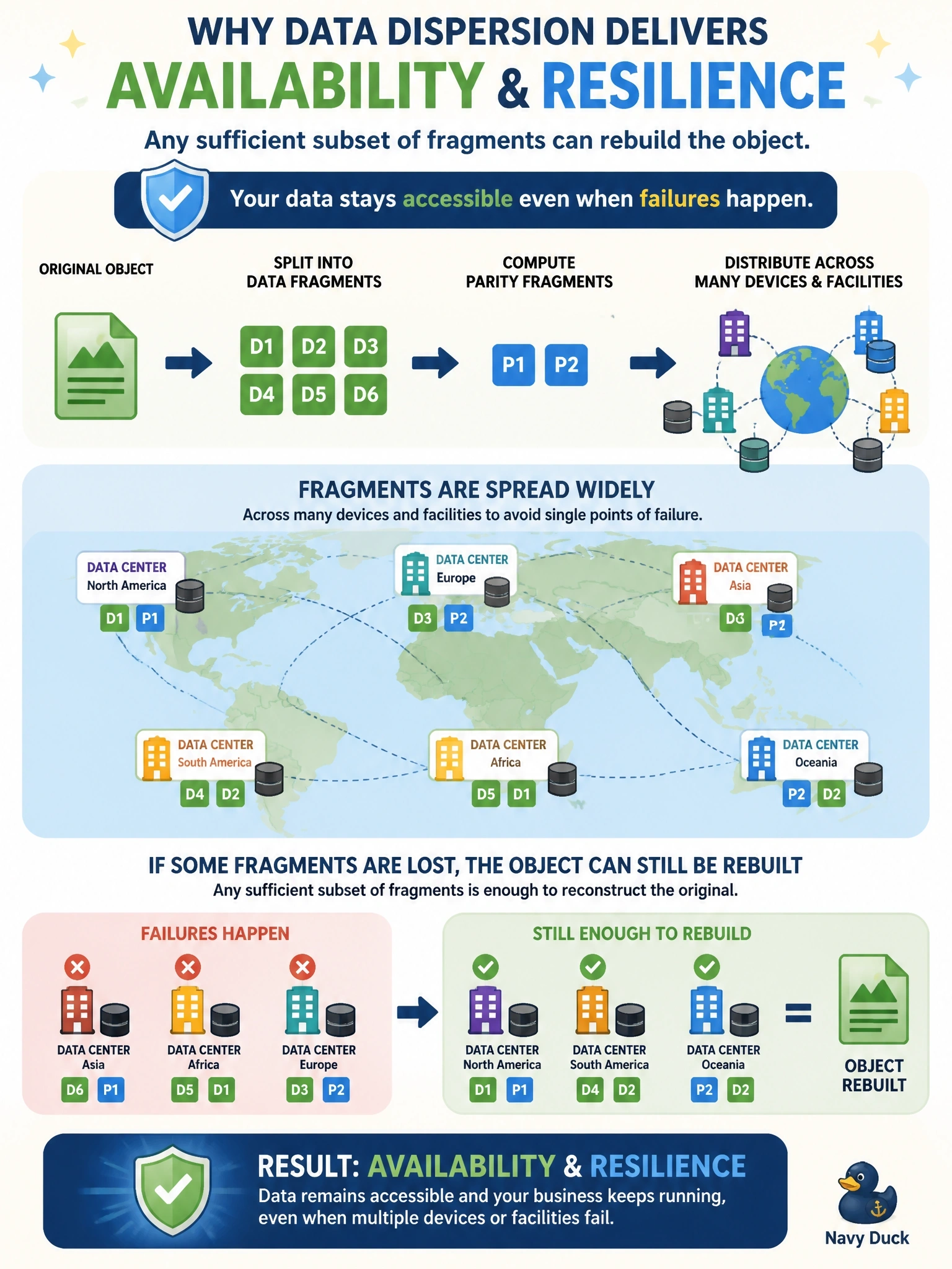To Create an exciting colorful infographic that explains the concepts in the question: Question: A provider's storage service splits each customer object into fragments, computes additional parity fragments, and writes all of them across many devices and facilities so that the object can be rebuilt even if several fragments are lost. What security benefit does this data dispersion technique mainly provide? Correct Answer: Availability and resilience, since any sufficient subset of fragments can rebuild the object Put EVERY visible label in double quotes. No people. No A/B/C/D letters. In one of the four corners put a little "Navy Duck".