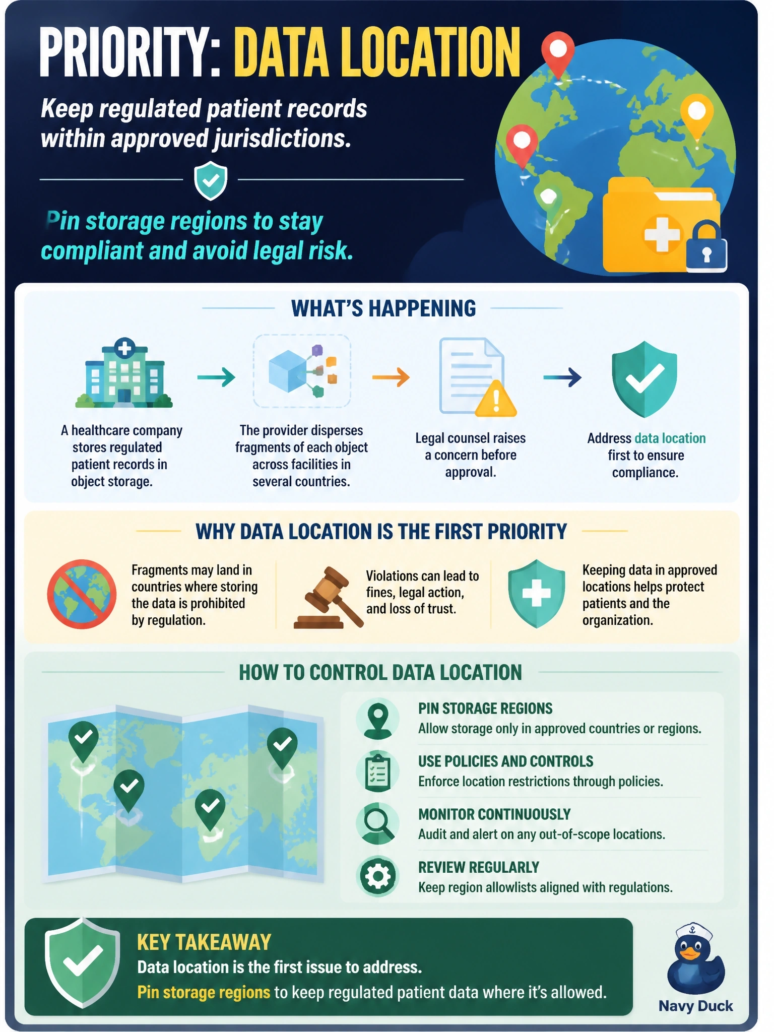 To Create an exciting colorful infographic that explains the concepts in the question: Question: A healthcare company plans to store regulated patient records in a provider's object storage service that disperses fragments of each object across facilities in several countries. Legal counsel raises a concern before approval. Which issue should the cloud security professional address first? Correct Answer: Data location, since fragments may land in jurisdictions the regulation forbids, so storage regions must be pinned Put EVERY visible label in double quotes. No people. No A/B/C/D letters. In one of the four corners put a little "Navy Duck".