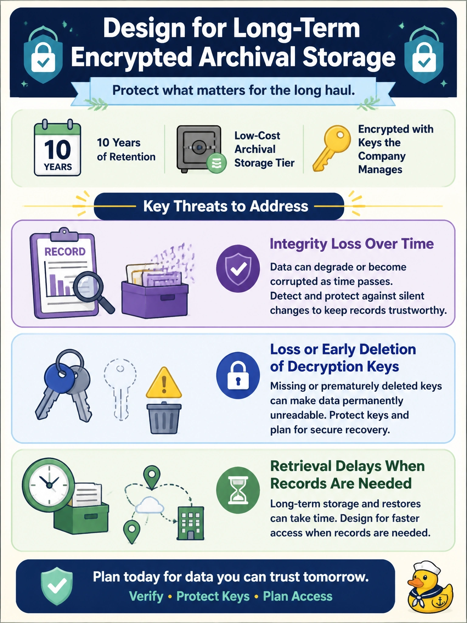 To Create an exciting colorful infographic that explains the concepts in the question: Question: A company must keep financial records for ten years in a low-cost archival storage tier, encrypted with keys the company manages itself. Which set of threats should the long-term storage design specifically address? Correct Answer: Integrity loss over time, loss or early deletion of decryption keys, and retrieval delays when records are needed Put EVERY visible label in double quotes. No people. No A/B/C/D letters. In one of the four corners put a little "Navy Duck".