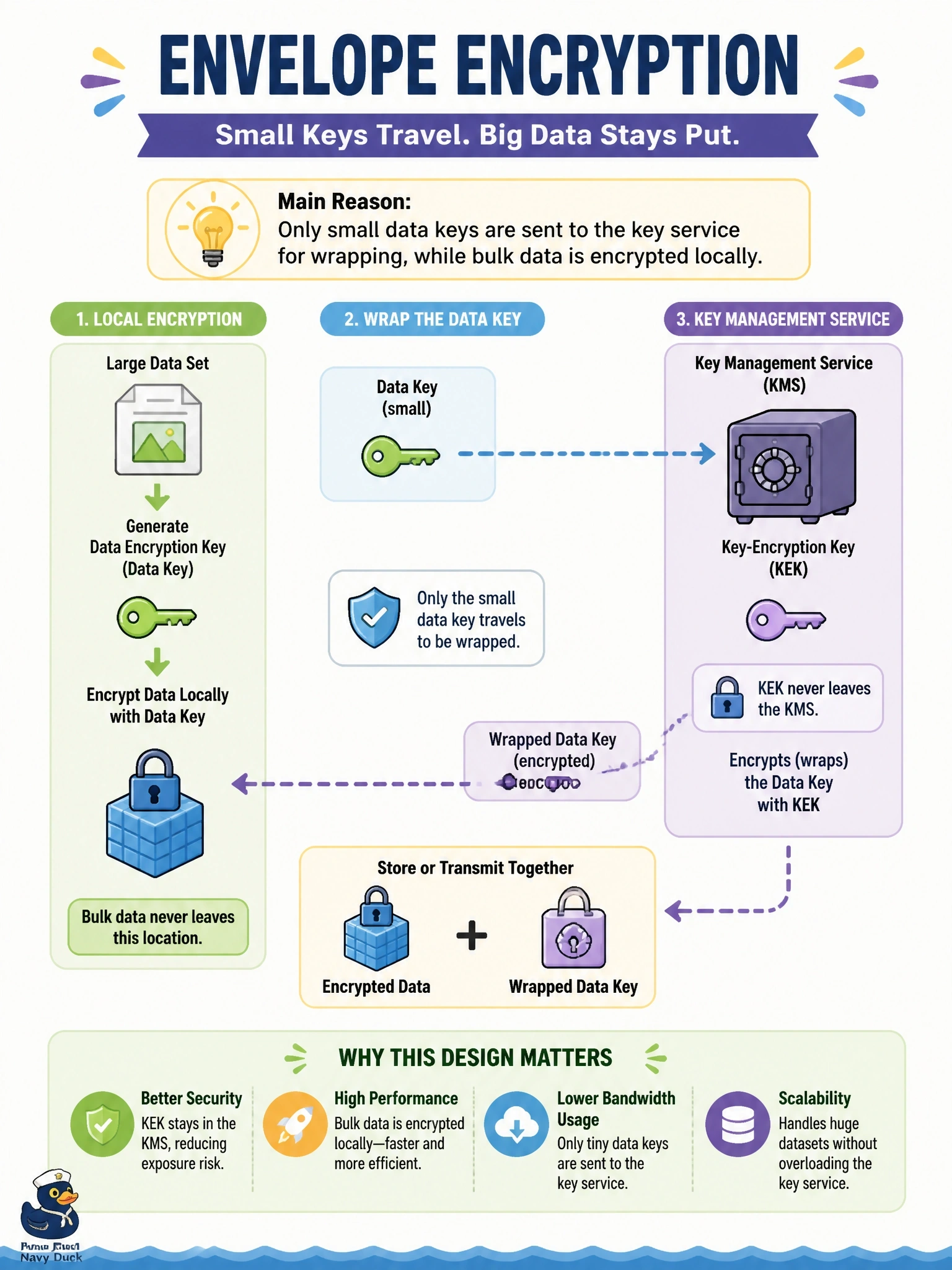 To Create an exciting colorful infographic that explains the concepts in the question: Question: An architect explains that large data sets are encrypted locally with data encryption keys, and each data key is then encrypted by a key-encryption key that never leaves the key management service. What is the main reason for this envelope encryption design? Correct Answer: Only small data keys are sent to the key service for wrapping, while bulk data is encrypted locally Put EVERY visible label in double quotes. No people. No A/B/C/D letters. In one of the four corners put a little "Navy Duck".