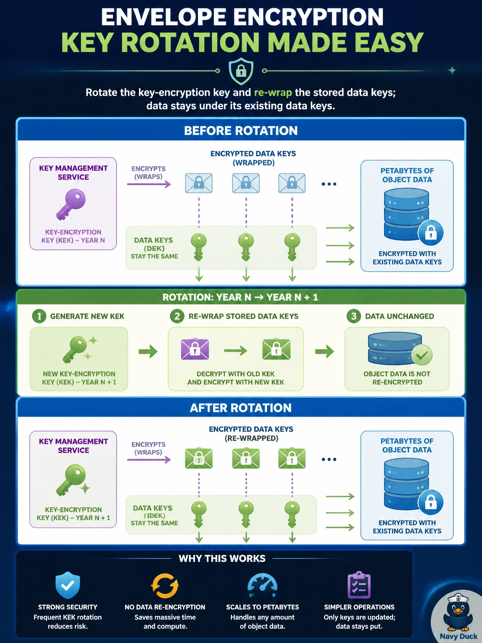 To Create an exciting colorful infographic that explains the concepts in the question: Question: A company uses envelope encryption for petabytes of object data and must rotate its master key every year without re-encrypting the stored data itself. How is this achieved? Correct Answer: Rotate the key-encryption key and re-wrap the stored data keys under it; data stays under its existing data keys Put EVERY visible label in double quotes. No people. No A/B/C/D letters. In one of the four corners put a little "Navy Duck".