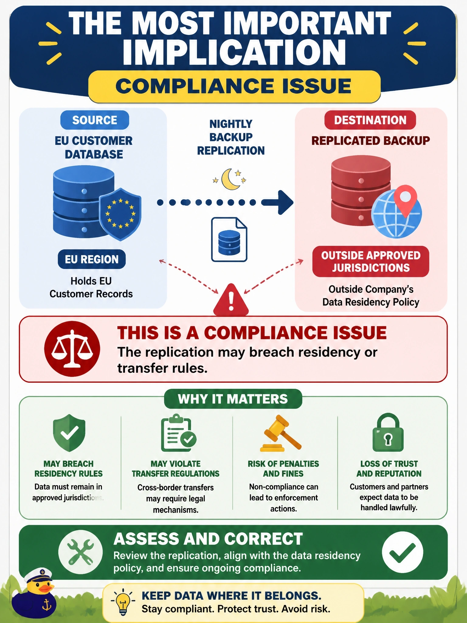 To Create an exciting colorful infographic that explains the concepts in the question: Question: A data discovery scan reports that nightly backups of a database holding EU customer records are being replicated to a provider region outside the jurisdictions approved in the company's data residency policy. What is the most important implication of this finding? Correct Answer: It is a compliance issue: the replication may breach residency or transfer rules and must be assessed and corrected Put EVERY visible label in double quotes. No people. No A/B/C/D letters. In one of the four corners put a little "Navy Duck".