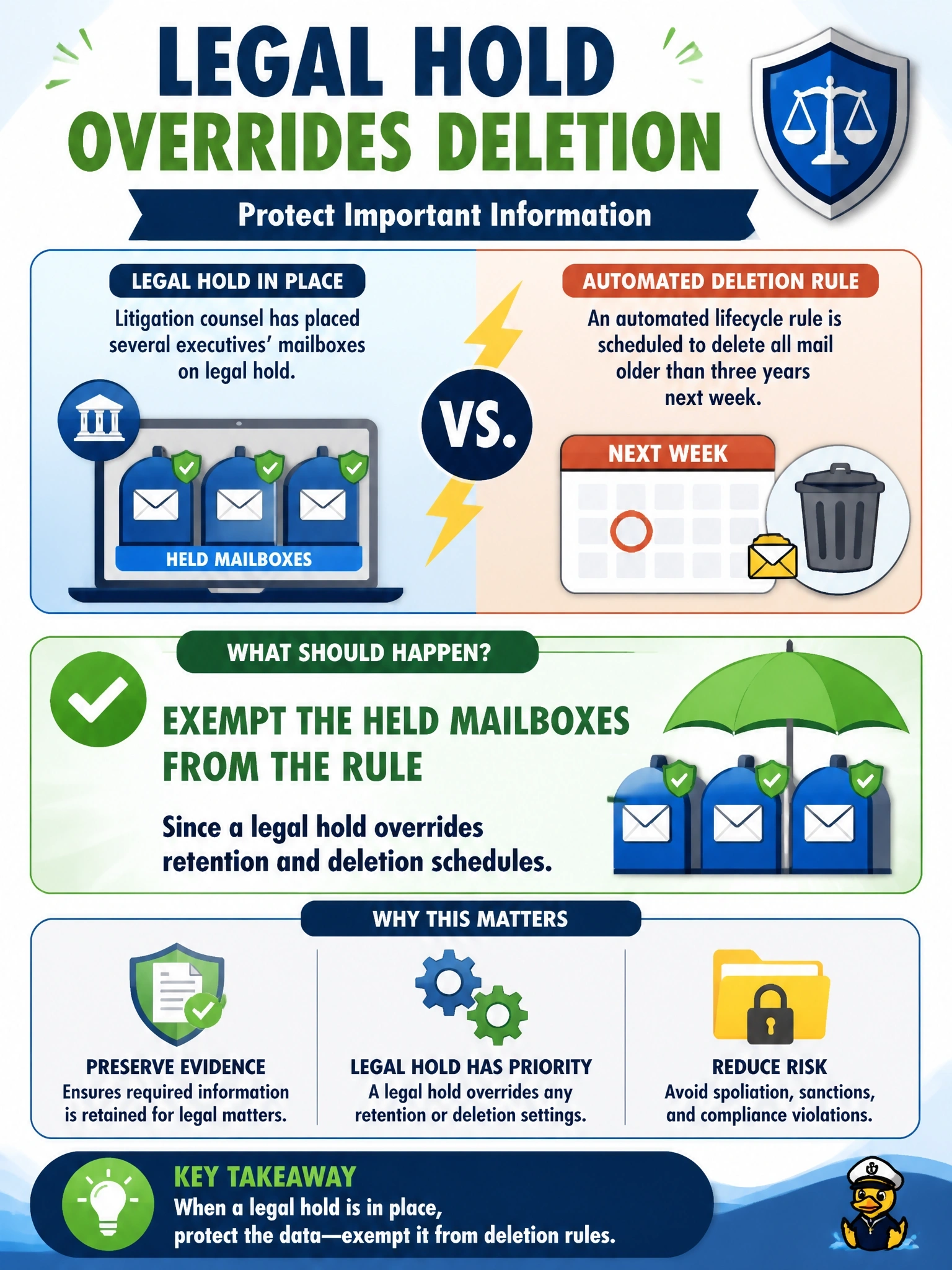 To Create an exciting colorful infographic that explains the concepts in the question: Question: Litigation counsel places several executives' mailboxes on legal hold. An automated lifecycle rule in the company's cloud email service is scheduled to delete all mail older than three years next week. What should happen? Correct Answer: Exempt the held mailboxes from the rule, since a legal hold overrides retention and deletion schedules Put EVERY visible label in double quotes. No people. No A/B/C/D letters. In one of the four corners put a little "Navy Duck".