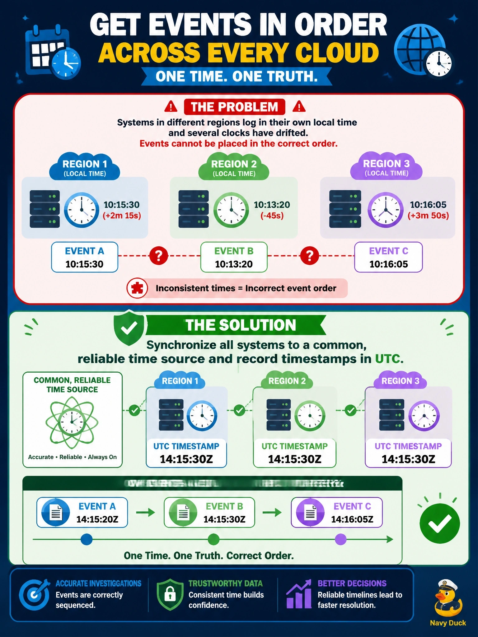 To Create an exciting colorful infographic that explains the concepts in the question: Question: Investigators cannot place events from workloads in three cloud regions in the correct order, because each system logs in its own local time zone and several clocks have drifted. What should be implemented to fix this? Correct Answer: Synchronize all systems to a common, reliable time source and record timestamps in UTC Put EVERY visible label in double quotes. No people. No A/B/C/D letters. In one of the four corners put a little "Navy Duck".