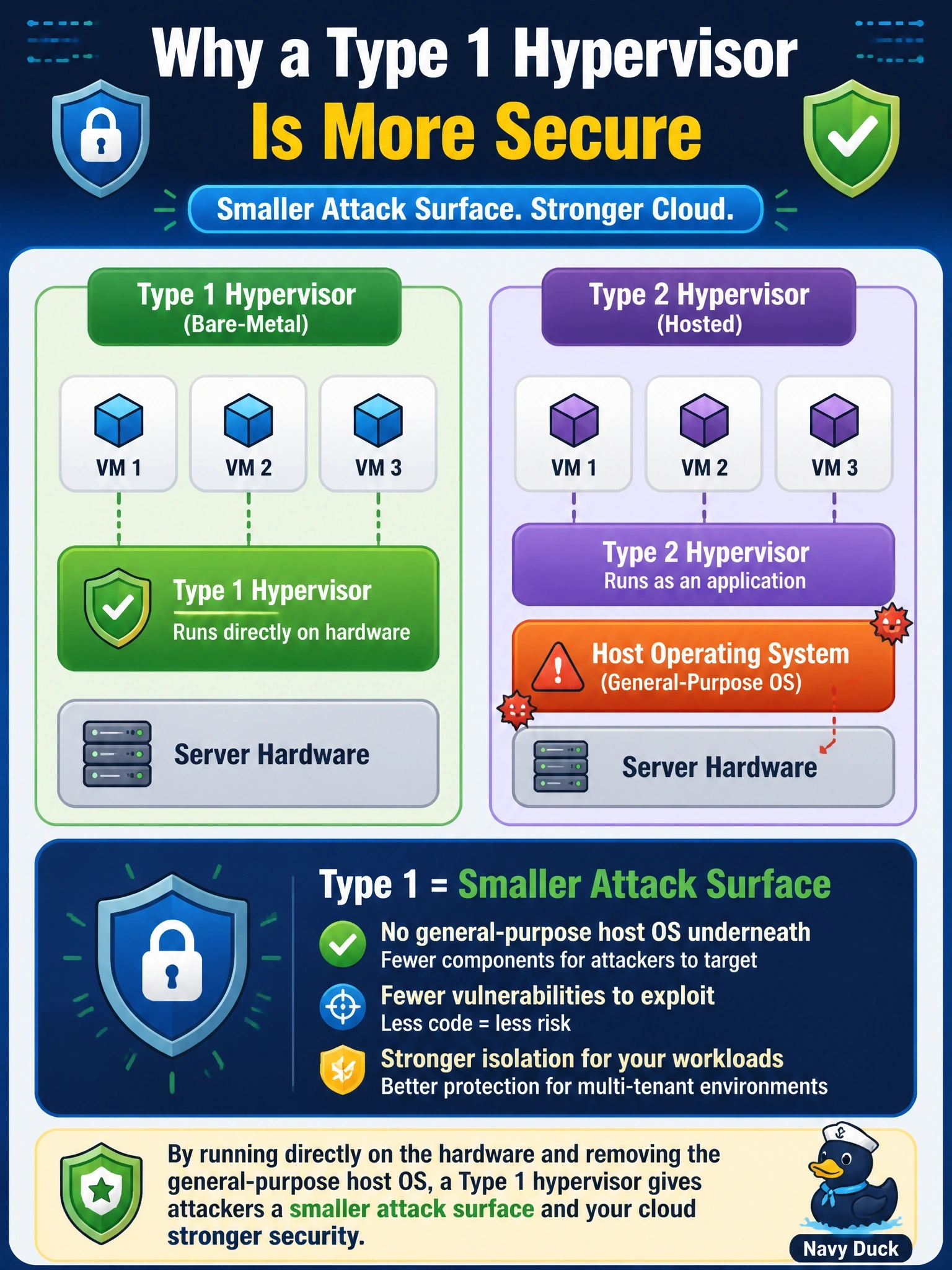 To Create an exciting colorful infographic that explains the concepts in the question: Question: A private cloud provider is choosing a hypervisor for multi-tenant production workloads. One option installs directly on the server hardware; the other runs as an application on top of a general-purpose host operating system. From a security perspective, why is the first option usually preferred? Correct Answer: A Type 1 hypervisor has no general-purpose host OS beneath it, which gives attackers a smaller attack surface Put EVERY visible label in double quotes. No people. No A/B/C/D letters. In one of the four corners put a little "Navy Duck".