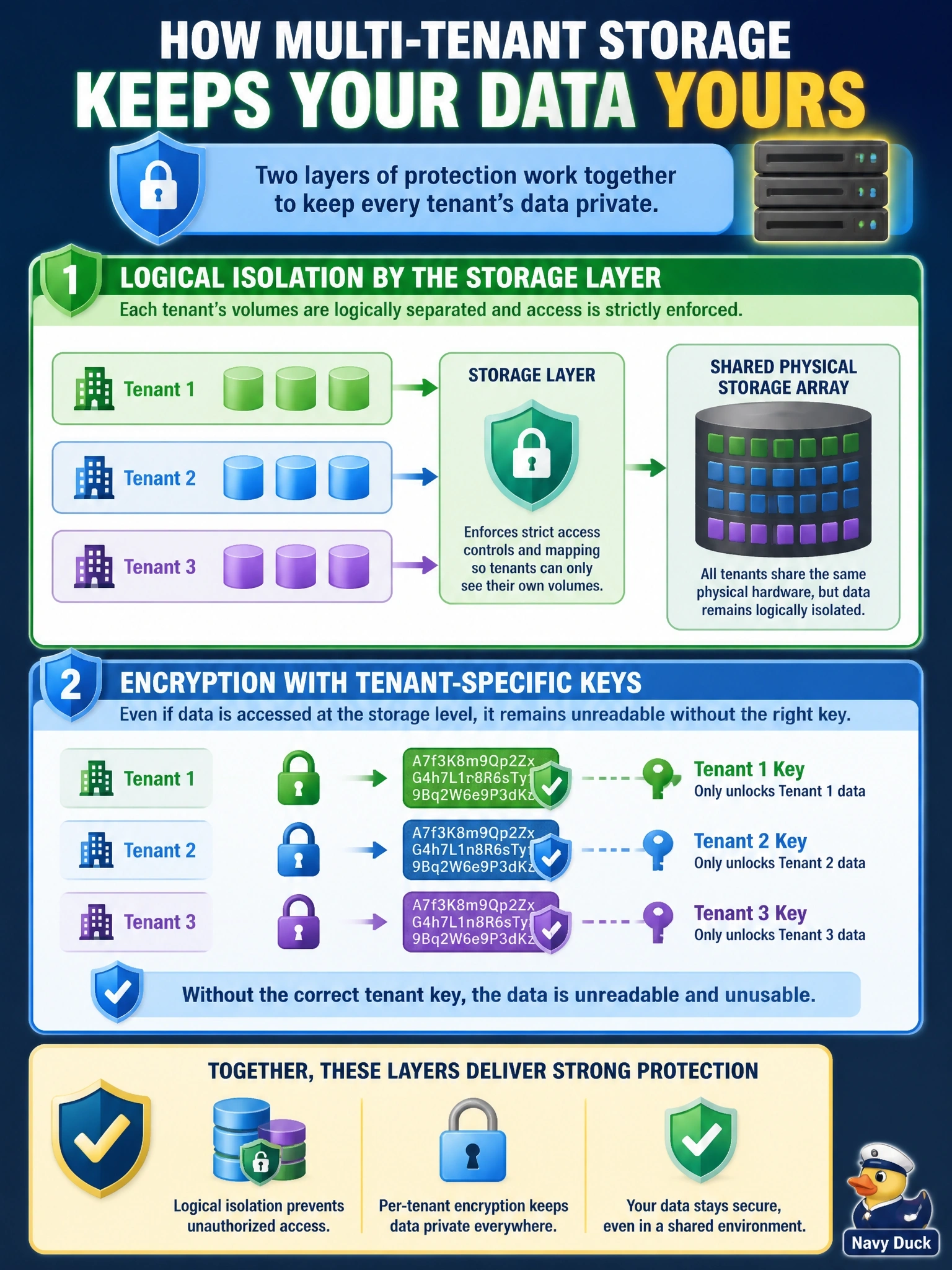 To Create an exciting colorful infographic that explains the concepts in the question: Question: A provider stores many tenants' block volumes on the same physical storage array. A prospective customer asks how the provider prevents one tenant from reading another tenant's data. Which combination best describes the expected protection? Correct Answer: Logical isolation of each tenant's volumes enforced by the storage layer, plus encryption with keys specific to each tenant Put EVERY visible label in double quotes. No people. No A/B/C/D letters. In one of the four corners put a little "Navy Duck".