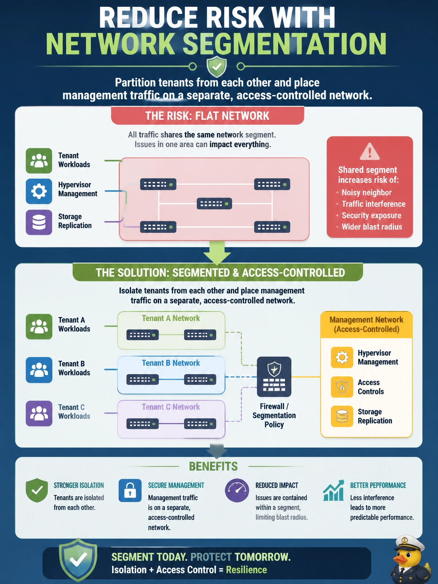 To Create an exciting colorful infographic that explains the concepts in the question: Question: In a provider's data center design, tenant workloads and the provider's own hypervisor management and storage replication traffic all run on the same flat network segment. Which logical design change best reduces the risk this creates? Correct Answer: Partition tenants from each other and place management traffic on a separate, access-controlled network Put EVERY visible label in double quotes. No people. No A/B/C/D letters. In one of the four corners put a little "Navy Duck".