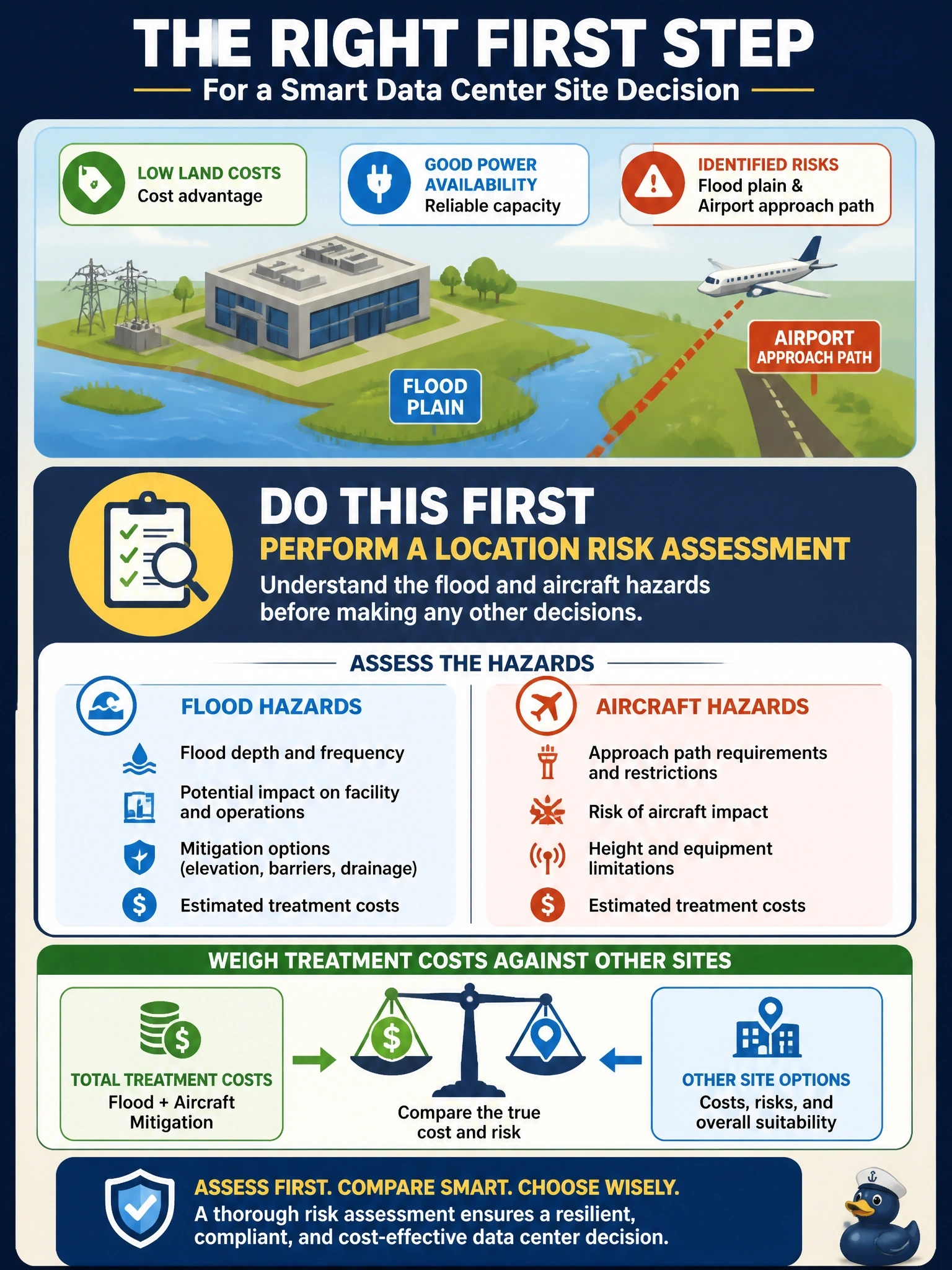 To Create an exciting colorful infographic that explains the concepts in the question: Question: A provider is evaluating a candidate site for a new data center. The site has low land costs and good power availability, but it lies in a designated flood plain and under an airport approach path. What should the provider do first? Correct Answer: Perform a location risk assessment of the flood and aircraft hazards and weigh treatment costs against other sites Put EVERY visible label in double quotes. No people. No A/B/C/D letters. In one of the four corners put a little "Navy Duck".