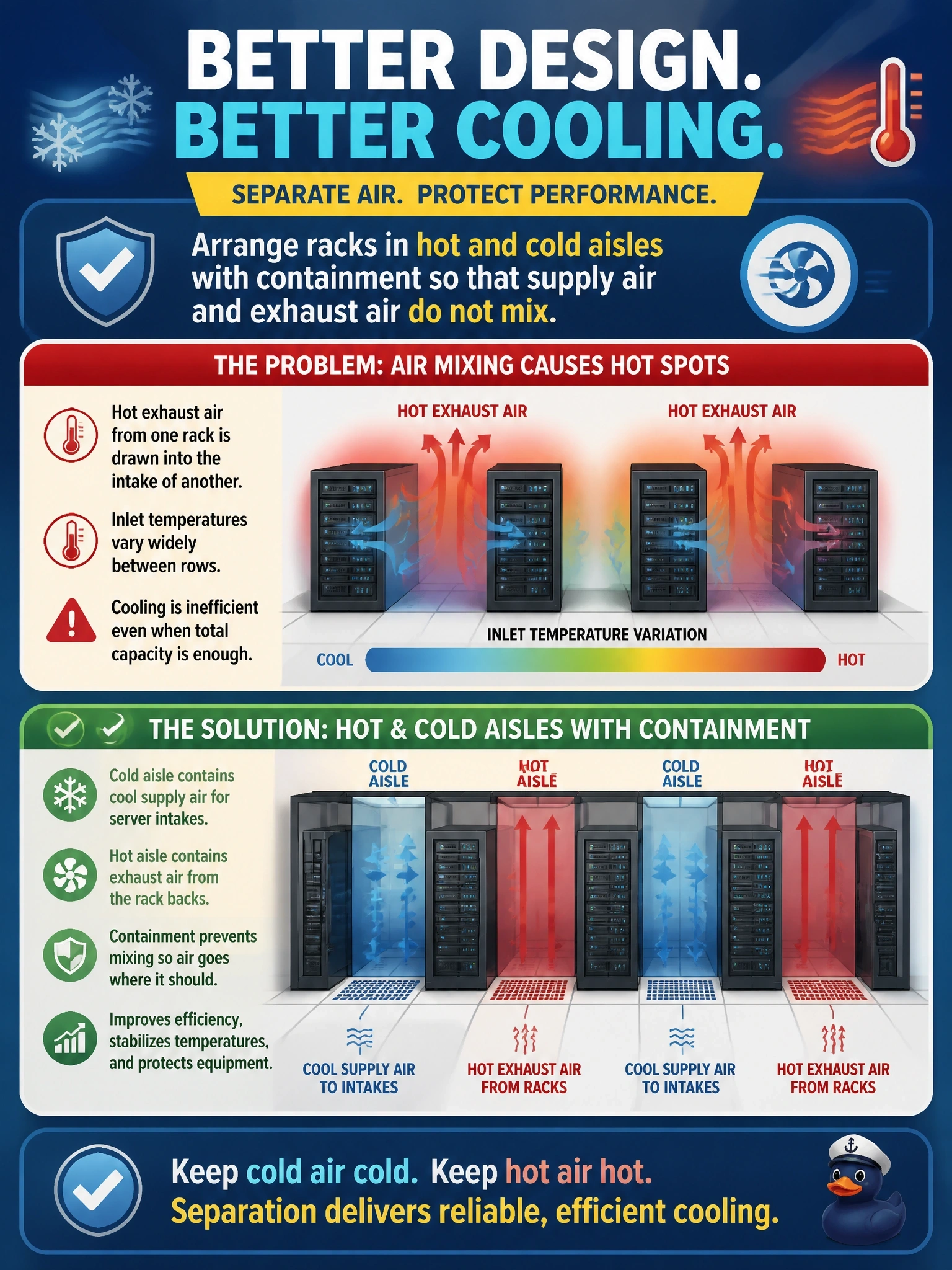 To Create an exciting colorful infographic that explains the concepts in the question: Question: Monitoring in a provider's data hall shows server inlet temperatures varying widely between rows, with some racks drawing in hot exhaust air from neighboring racks. Total cooling capacity is sufficient. Which environmental design change best addresses this? Correct Answer: Arrange racks in hot and cold aisles with containment so that supply air and exhaust air do not mix Put EVERY visible label in double quotes. No people. No A/B/C/D letters. In one of the four corners put a little "Navy Duck".