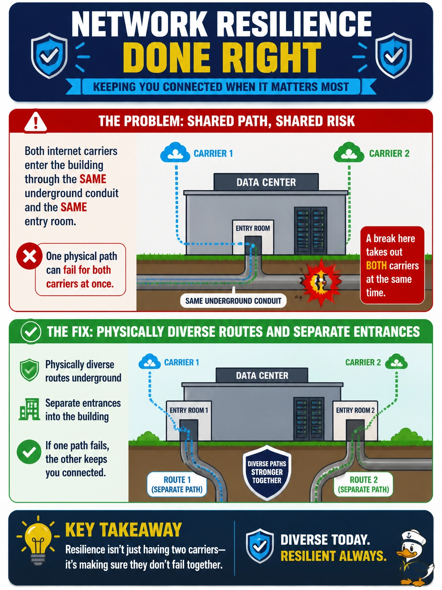To Create an exciting colorful infographic that explains the concepts in the question: Question: A cloud provider's data center contracts with two different internet carriers for redundancy. A site survey reveals that both carriers' fiber enters the building through the same underground conduit and the same entry room. What is the most significant resilience problem, and how should it be fixed? Correct Answer: One physical path can fail for both carriers at once; require physically diverse routes and separate entrances Put EVERY visible label in double quotes. No people. No A/B/C/D letters. In one of the four corners put a little "Navy Duck".