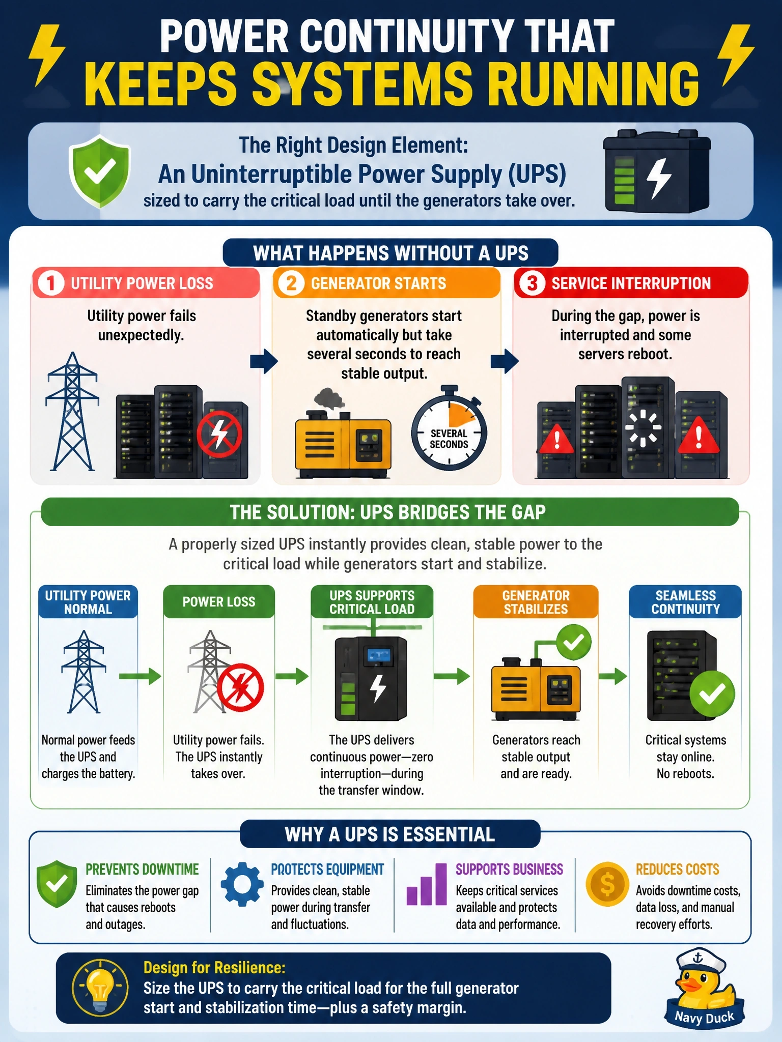 To Create an exciting colorful infographic that explains the concepts in the question: Question: A provider's data center loses utility power. The standby generators start automatically but take several seconds to reach stable output, and some servers reboot during that gap. Which design element was missing or inadequate? Correct Answer: An uninterruptible power supply sized to carry the critical load until the generators take over Put EVERY visible label in double quotes. No people. No A/B/C/D letters. In one of the four corners put a little "Navy Duck".