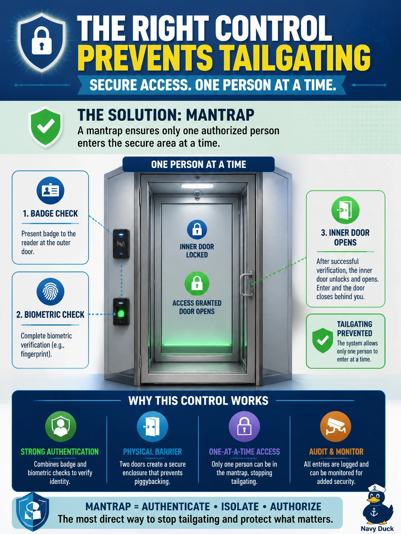 To Create an exciting colorful infographic that explains the concepts in the question: Question: At a provider's data center, visitors and contractors have been observed following employees through the badge-controlled door into the server hall without presenting their own credentials. Which control most directly prevents this? Correct Answer: A mantrap that admits one person at a time after badge and biometric checks before the inner door opens Put EVERY visible label in double quotes. No people. No A/B/C/D letters. In one of the four corners put a little "Navy Duck".