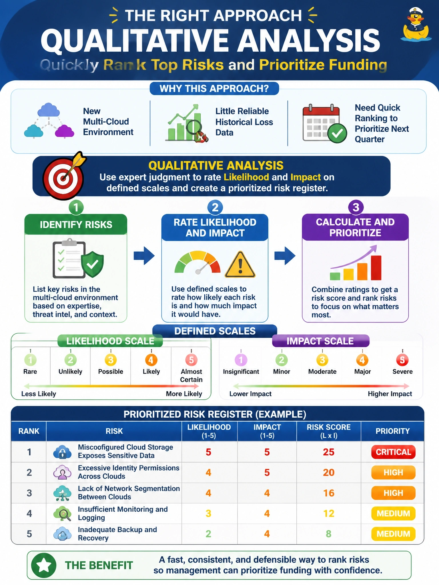 To Create an exciting colorful infographic that explains the concepts in the question: Question: Management wants a quick ranking of the top risks in a new multi-cloud environment so it can prioritize funding next quarter. The organization has little reliable historical loss data for cloud incidents. Which risk analysis approach is most appropriate? Correct Answer: Qualitative analysis, rating likelihood and impact on defined scales to produce a prioritized risk register Put EVERY visible label in double quotes. No people. No A/B/C/D letters. In one of the four corners put a little "Navy Duck".