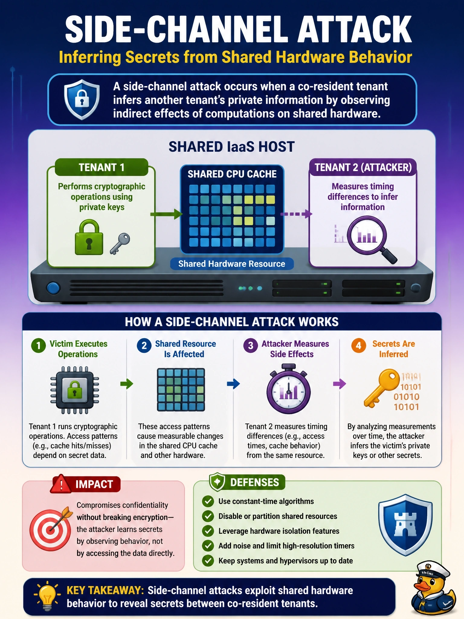 To Create an exciting colorful infographic that explains the concepts in the question: Question: A tenant performing cryptographic operations on shared IaaS hosts is concerned that another tenant's virtual machine on the same physical server could infer its private keys by measuring timing differences in shared CPU caches. Which threat is the tenant describing? Correct Answer: A side-channel attack, in which a co-resident tenant infers secrets from shared hardware behavior Put EVERY visible label in double quotes. No people. No A/B/C/D letters. In one of the four corners put a little "Navy Duck".