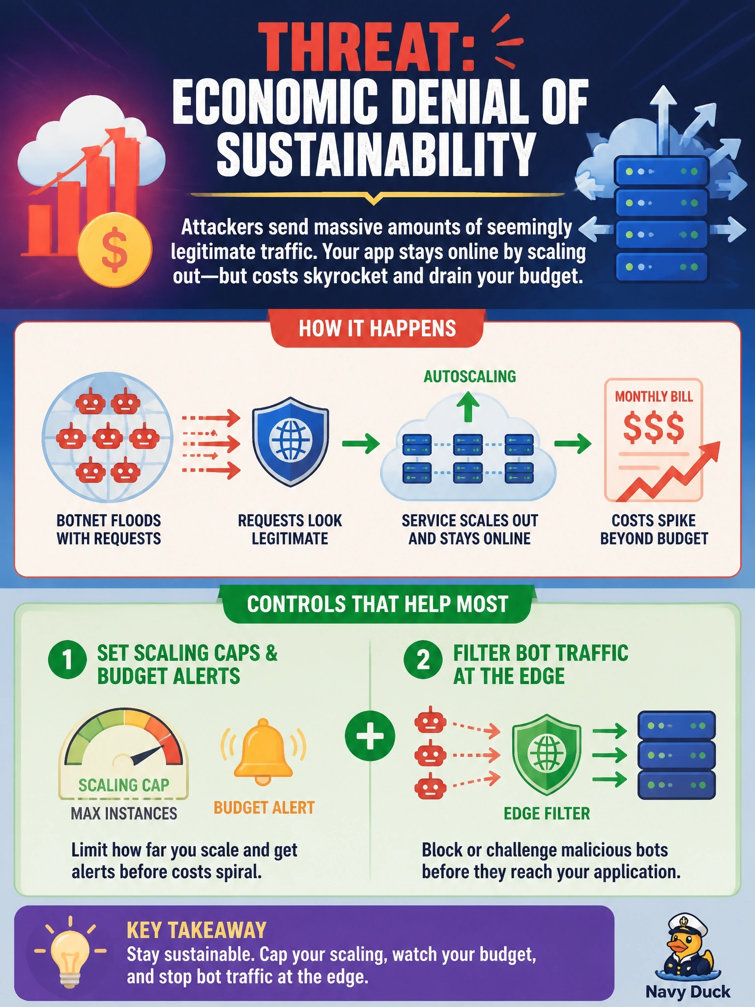 To Create an exciting colorful infographic that explains the concepts in the question: Question: A company's public web application runs on autoscaling compute billed by usage. A botnet floods it with requests that look legitimate; the service stays online because it scales out, but the monthly bill rises to several times the budget. Which threat does this describe, and what control helps most? Correct Answer: Economic denial of sustainability; set scaling caps and budget alerts, and filter bot traffic at the edge Put EVERY visible label in double quotes. No people. No A/B/C/D letters. In one of the four corners put a little "Navy Duck".