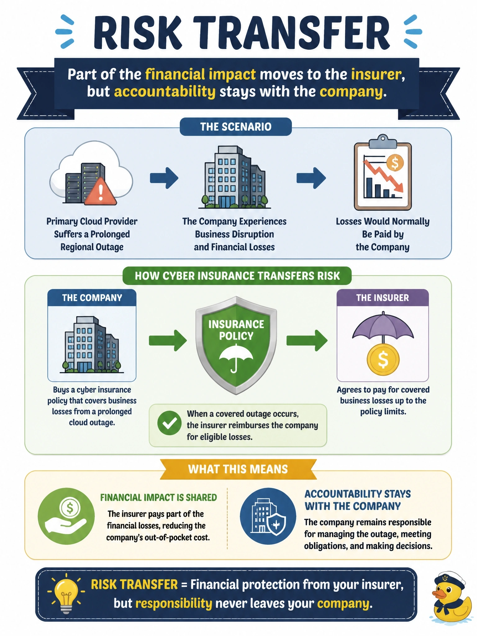 To Create an exciting colorful infographic that explains the concepts in the question: Question: A company buys cyber insurance that will pay for business losses if its primary cloud provider suffers a prolonged regional outage. Which statement best describes this risk treatment? Correct Answer: Risk transfer; part of the financial impact moves to the insurer, but accountability stays with the company Put EVERY visible label in double quotes. No people. No A/B/C/D letters. In one of the four corners put a little "Navy Duck".