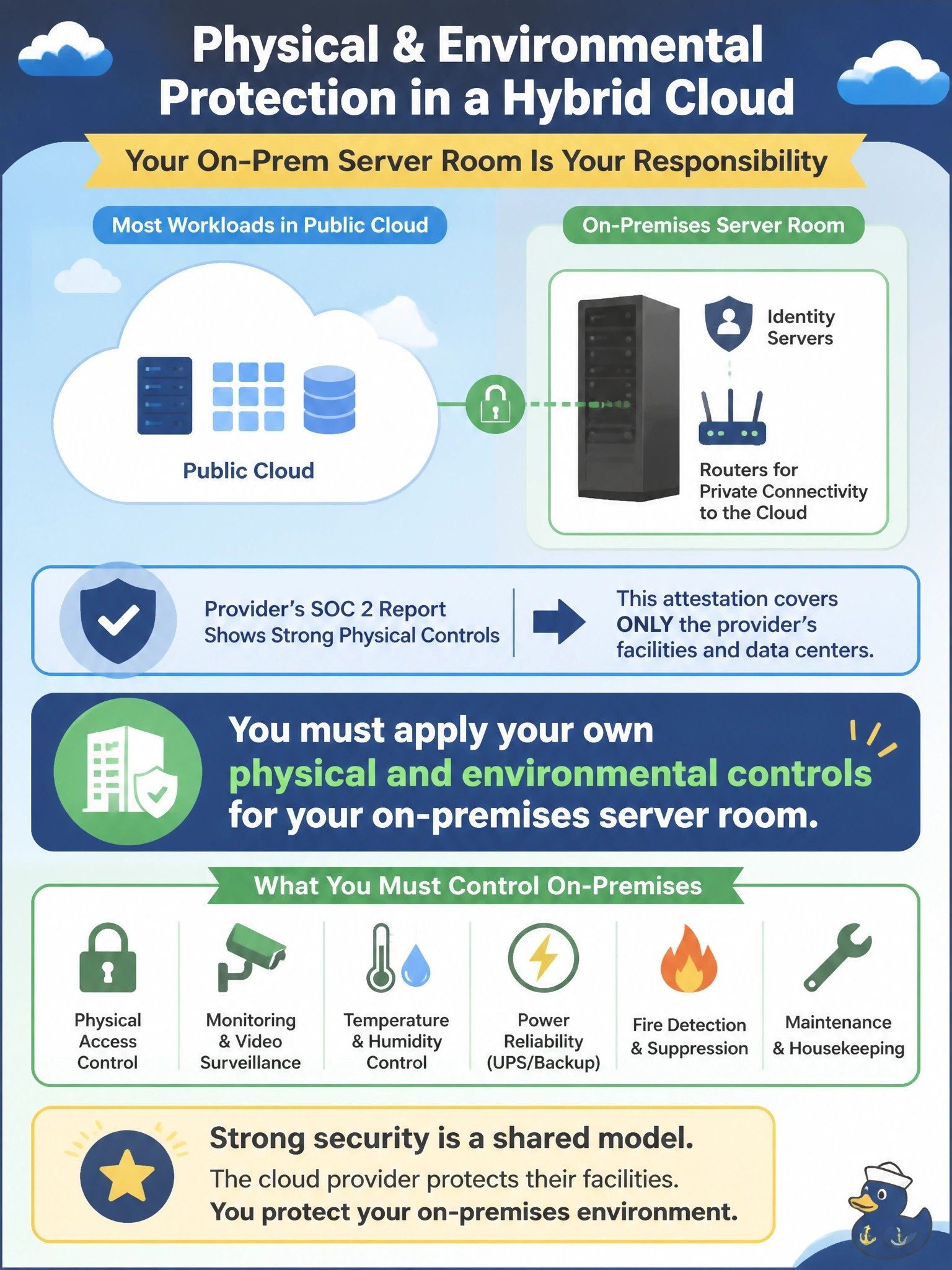 To Create an exciting colorful infographic that explains the concepts in the question: Question: A company runs a hybrid cloud. Most workloads are in a public cloud, but a small on-premises server room hosts identity servers and the routers for private connectivity to the cloud. The provider's SOC 2 report shows strong physical controls. What is true about physical and environmental protection for the server room? Correct Answer: The company must apply its own physical and environmental controls, since the attestation covers only provider facilities Put EVERY visible label in double quotes. No people. No A/B/C/D letters. In one of the four corners put a little "Navy Duck".
