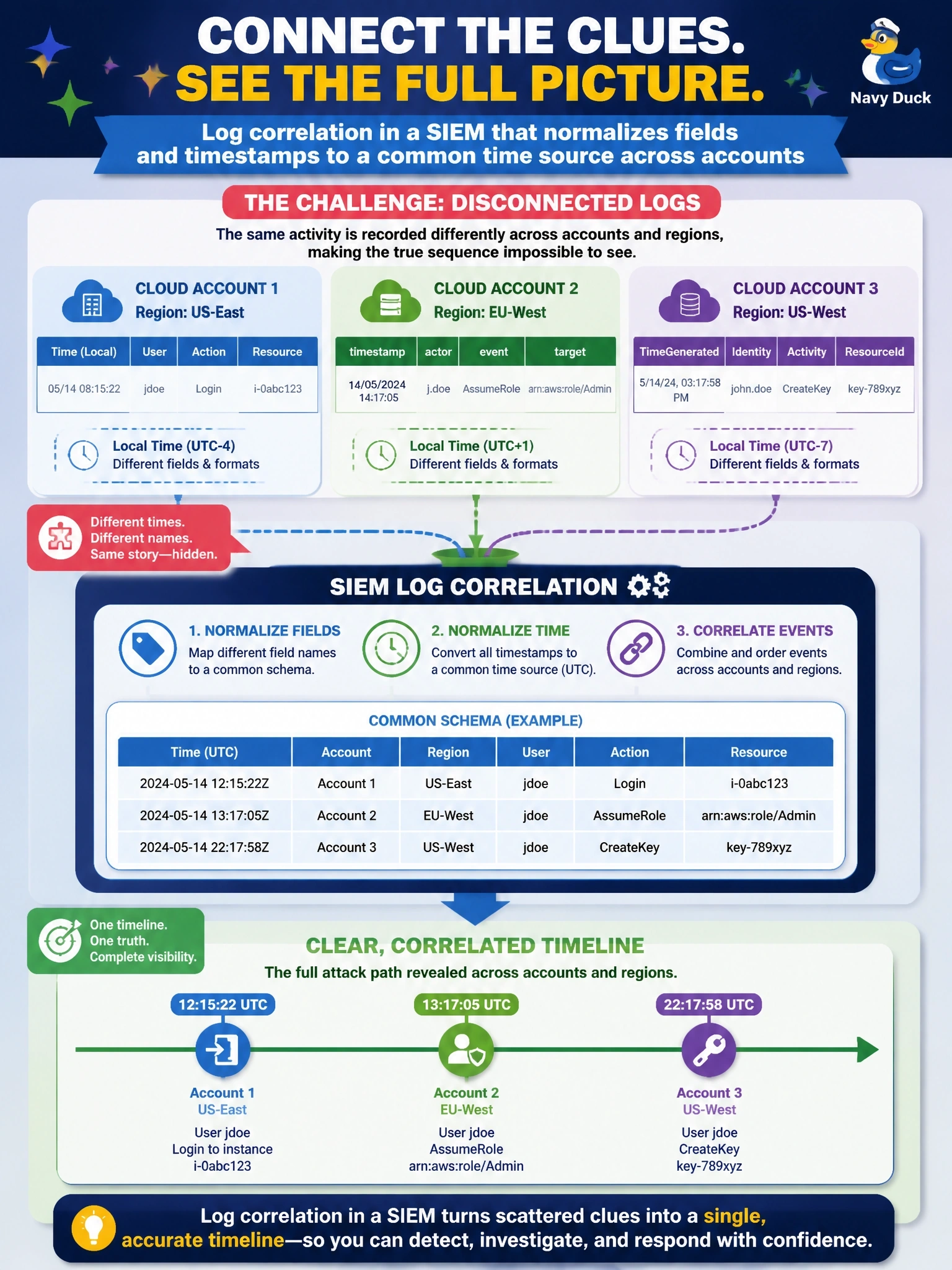To Create an exciting colorful infographic that explains the concepts in the question: Question: An attack moved through three cloud accounts in two regions over several hours. Investigators have logs from all of them, but cannot reconstruct the sequence of events because each source records time differently and uses different field names for the same identity. Which capability is most needed? Correct Answer: Log correlation in a SIEM that normalizes fields and timestamps to a common time source across accounts Put EVERY visible label in double quotes. No people. No A/B/C/D letters. In one of the four corners put a little "Navy Duck".