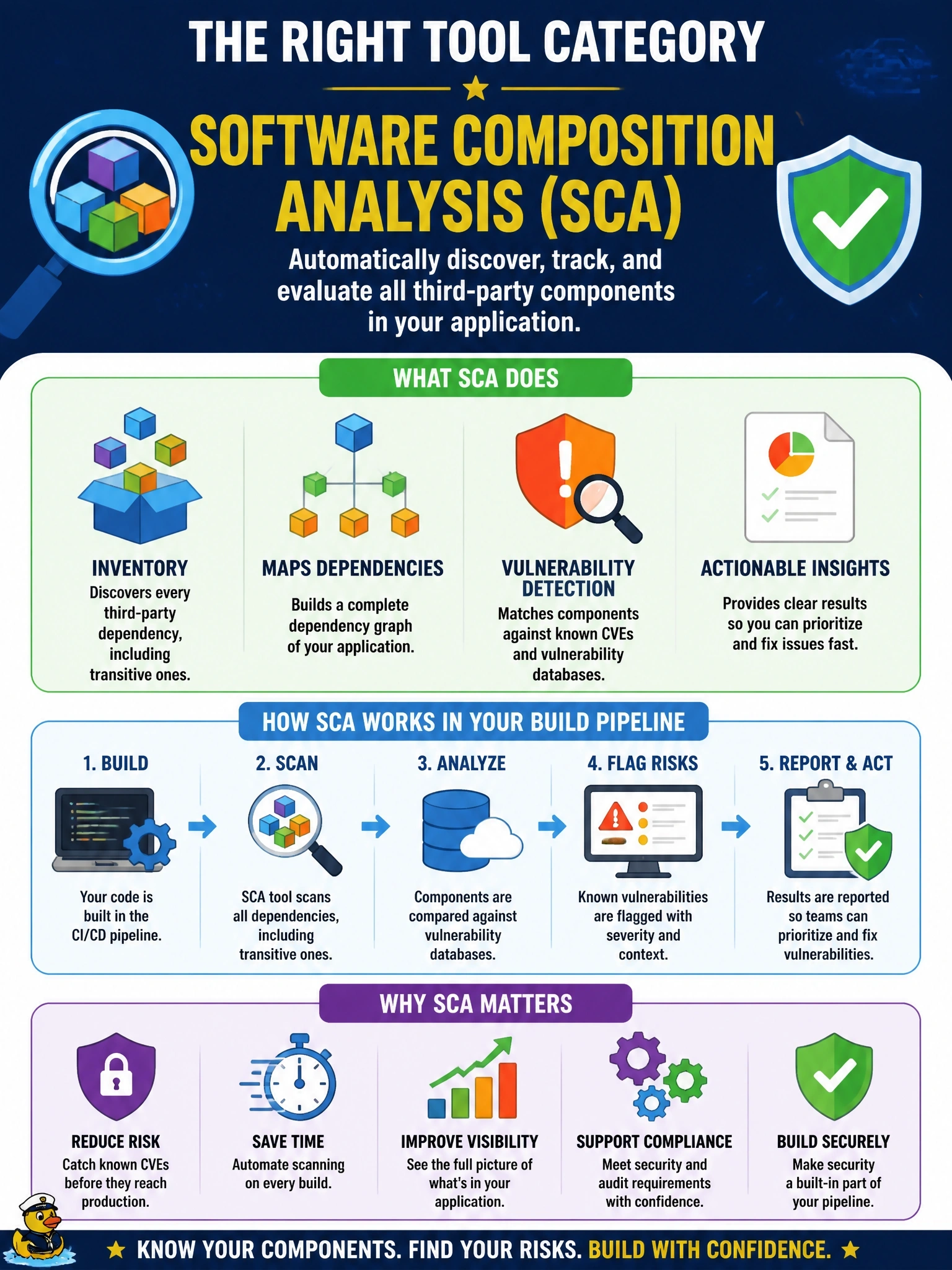 To Create an exciting colorful infographic that explains the concepts in the question: Question: A widely used open-source logging library bundled into a cloud application's build is disclosed to have a critical CVE. The team needs a tool that inventories every third-party dependency, including transitive ones, and flags known vulnerabilities on each build. Which tool category fits? Correct Answer: Software composition analysis (SCA) Put EVERY visible label in double quotes. No people. No A/B/C/D letters. In one of the four corners put a little "Navy Duck".