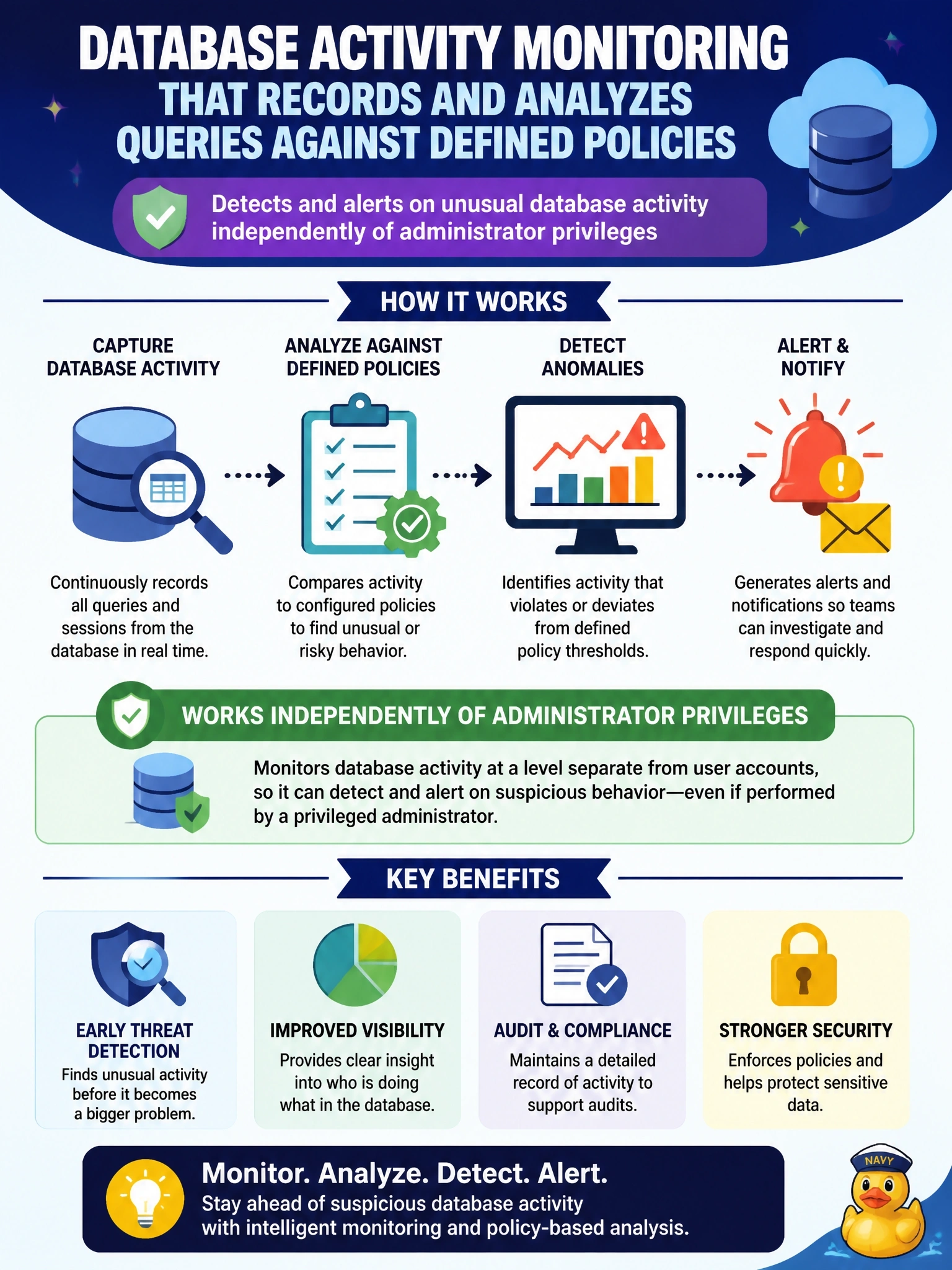 To Create an exciting colorful infographic that explains the concepts in the question: Question: A database administrator at a company using a cloud-hosted relational database has begun running unusual bulk SELECT queries against customer tables late at night. Which control is designed to detect and alert on this activity independently of the administrator's own privileges? Correct Answer: Database activity monitoring that records and analyzes queries against defined policies Put EVERY visible label in double quotes. No people. No A/B/C/D letters. In one of the four corners put a little "Navy Duck".