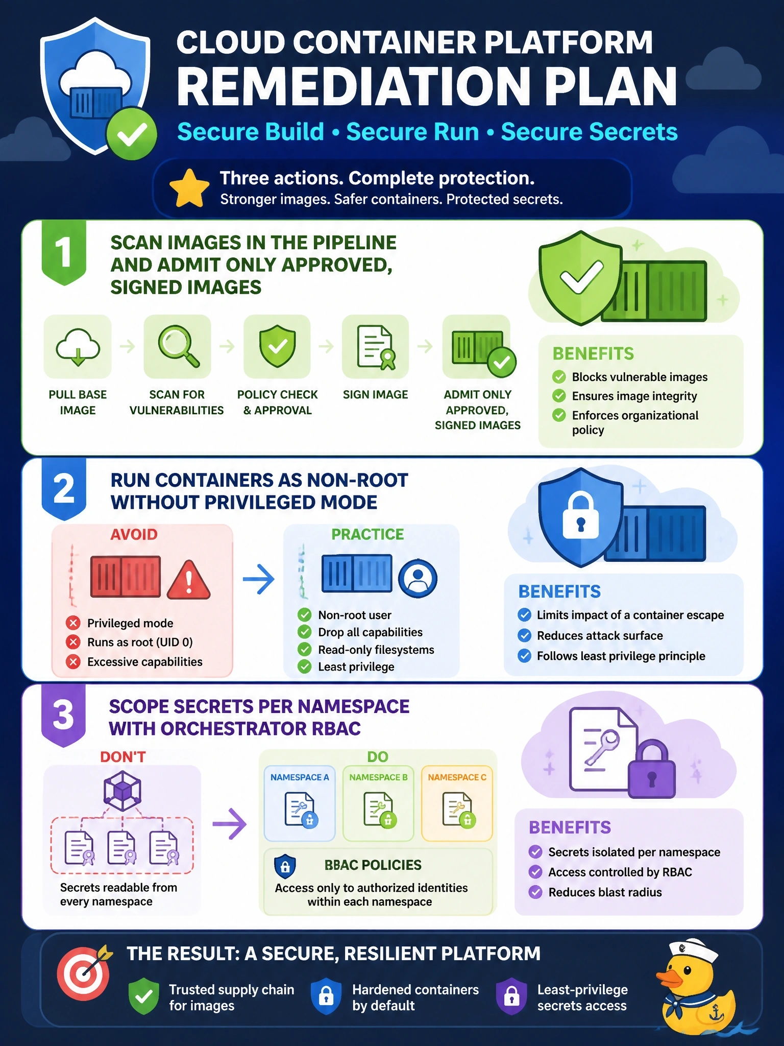 To Create an exciting colorful infographic that explains the concepts in the question: Question: A review of a cloud container platform finds three issues: application containers run in privileged mode, images are built from public base images that are never scanned, and orchestrator secrets are readable from every namespace. Which remediation plan best addresses all three findings? Correct Answer: Scan images in the pipeline and admit only approved, signed images; run containers as non-root without privileged mode; scope secrets per namespace with orchestrator RBAC. Put EVERY visible label in double quotes. No people. No A/B/C/D letters. In one of the four corners put a little "Navy Duck".