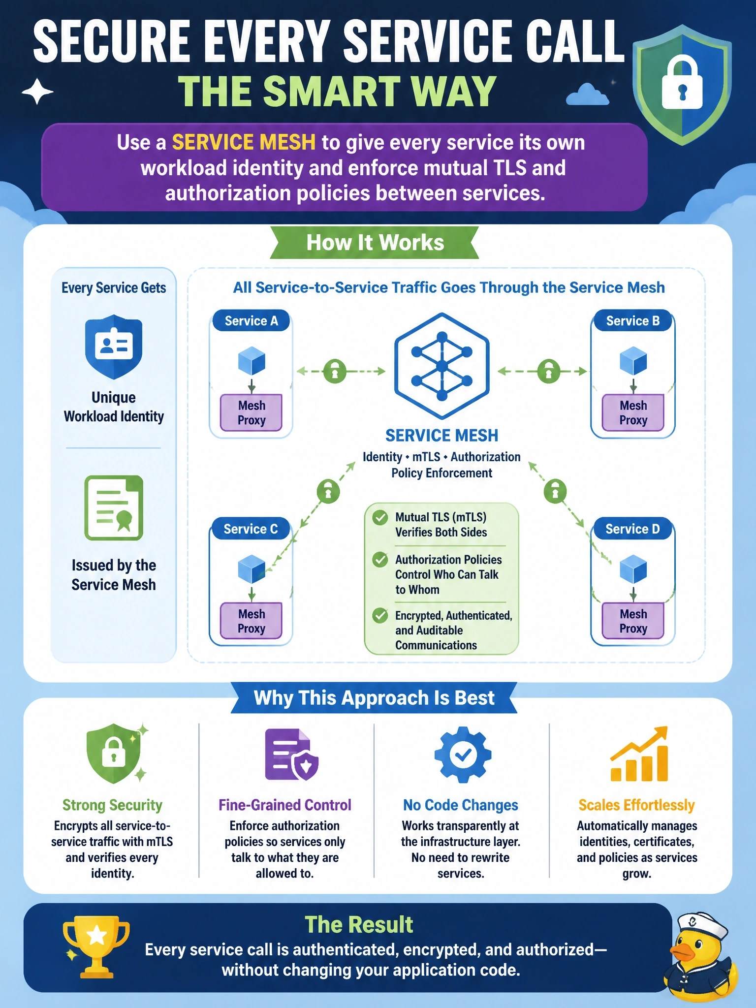 To Create an exciting colorful infographic that explains the concepts in the question: Question: A cloud-native application consists of dozens of microservices. Any workload on the internal cluster network can call any service's API, and services trust requests based only on the caller's source IP range. The architect wants every service-to-service call authenticated and encrypted without rewriting each service. What is the best approach? Correct Answer: Deploy a service mesh that issues each service its own workload identity and enforces mutual TLS and authorization policies between services. Put EVERY visible label in double quotes. No people. No A/B/C/D letters. In one of the four corners put a little "Navy Duck".