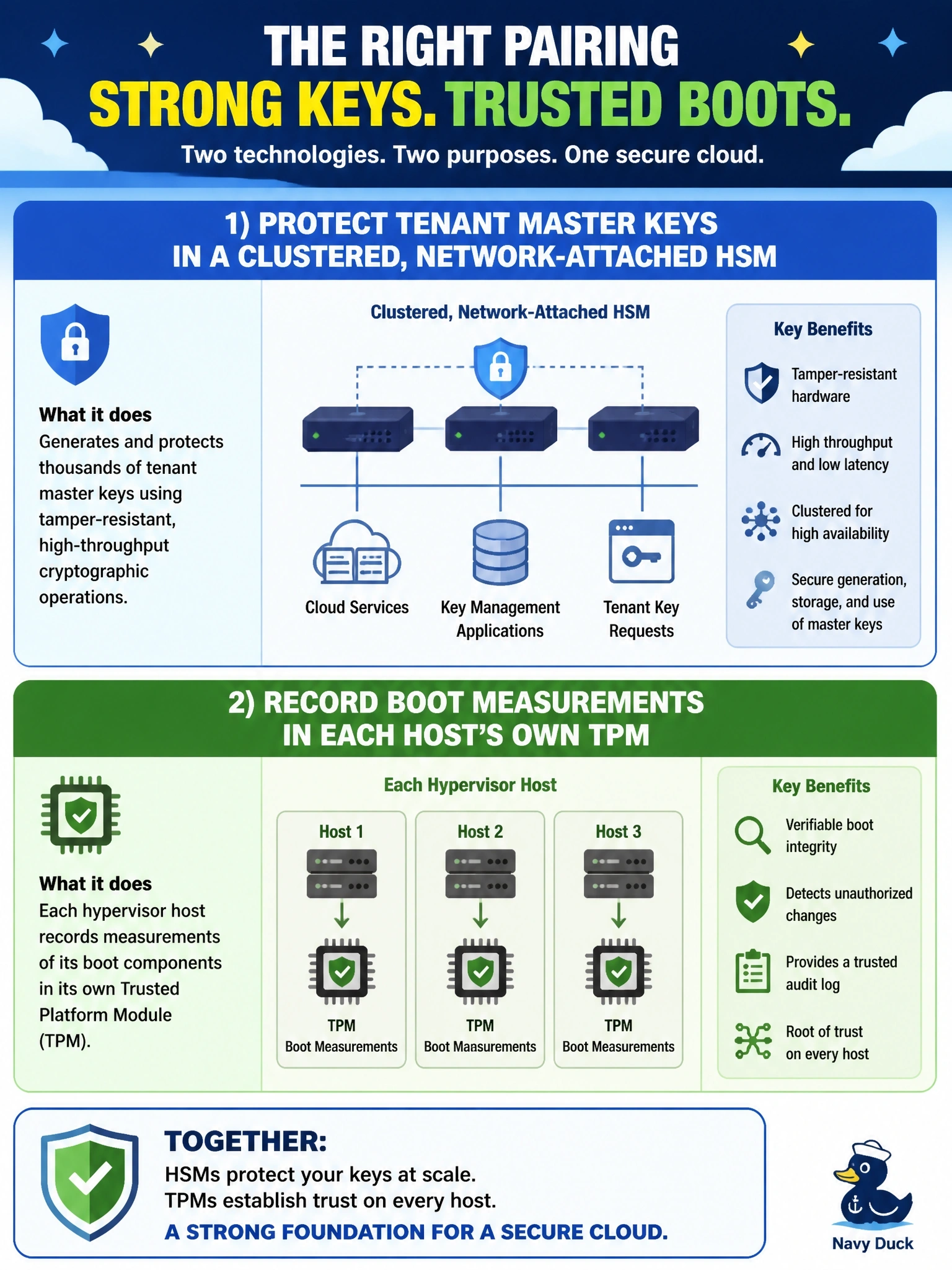 To Create an exciting colorful infographic that explains the concepts in the question: Question: A cloud provider's architect needs hardware to generate and protect thousands of tenant master keys with tamper-resistant, high-throughput cryptographic operations. Separately, each hypervisor host must record measurements of its own boot components. Which pairing is correct? Correct Answer: Protect tenant master keys in a clustered, network-attached HSM, and record boot measurements in each host's own TPM. Put EVERY visible label in double quotes. No people. No A/B/C/D letters. In one of the four corners put a little "Navy Duck".