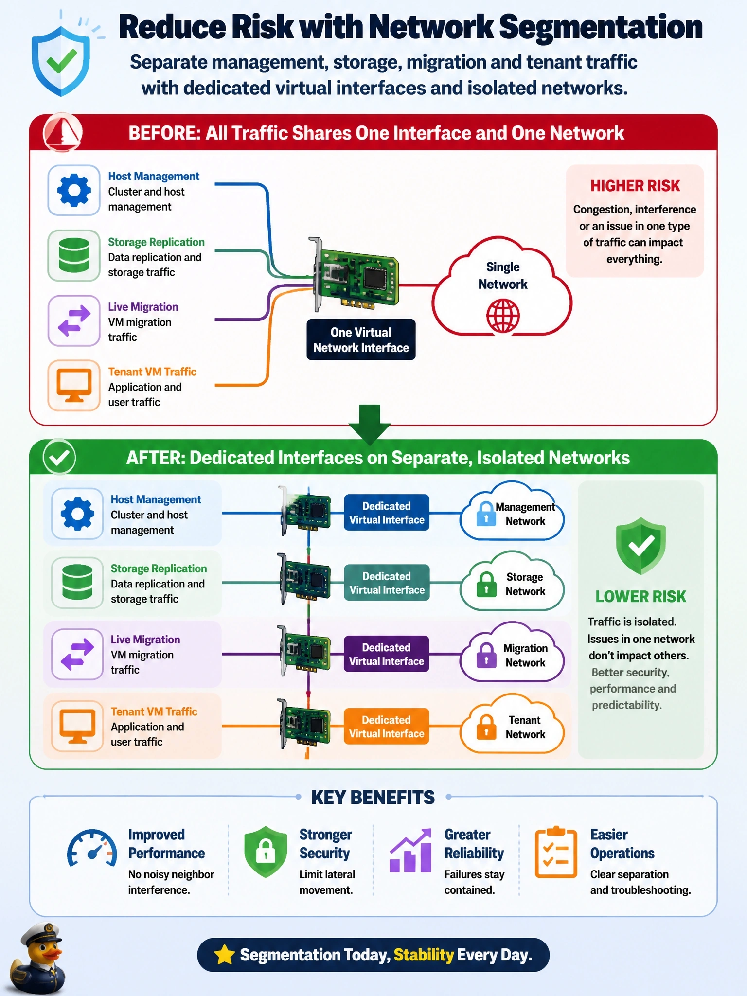 To Create an exciting colorful infographic that explains the concepts in the question: Question: On a private cloud virtualization cluster, host management, storage replication, live migration and tenant VM traffic all share one virtual network interface and a single network. What design change best reduces the risk this creates? Correct Answer: Give management, storage, migration and tenant traffic dedicated virtual interfaces on separate, isolated networks. Put EVERY visible label in double quotes. No people. No A/B/C/D letters. In one of the four corners put a little "Navy Duck".