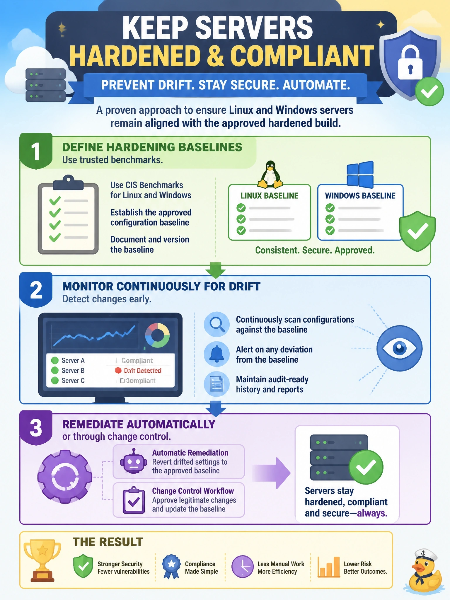 To Create an exciting colorful infographic that explains the concepts in the question: Question: A quarterly audit finds that many Linux and Windows servers in the organization's cloud environment no longer match the approved hardened build, because settings were changed by hand during troubleshooting. Which approach best prevents this from recurring? Correct Answer: Define hardening baselines, for example from CIS Benchmarks, monitor continuously for drift, and remediate automatically or through change control. Put EVERY visible label in double quotes. No people. No A/B/C/D letters. In one of the four corners put a little "Navy Duck".