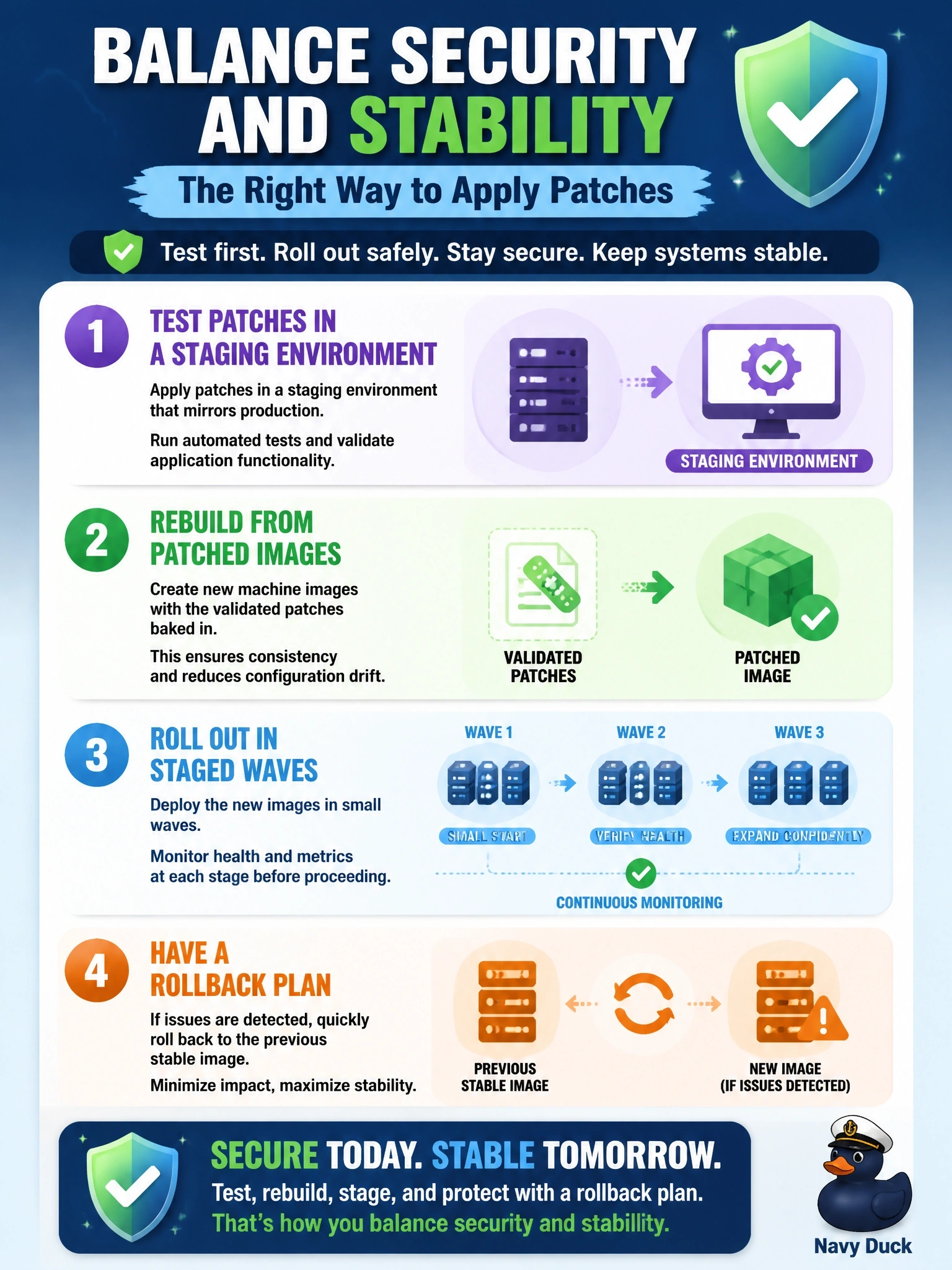 To Create an exciting colorful infographic that explains the concepts in the question: Question: Monthly patches applied directly to running production servers in the organization's IaaS environment have repeatedly broken applications, and teams now delay patching for months. Which process best balances security and stability? Correct Answer: Test patches in a staging environment first, then roll them out by rebuilding from patched images in staged waves with a rollback plan. Put EVERY visible label in double quotes. No people. No A/B/C/D letters. In one of the four corners put a little "Navy Duck".