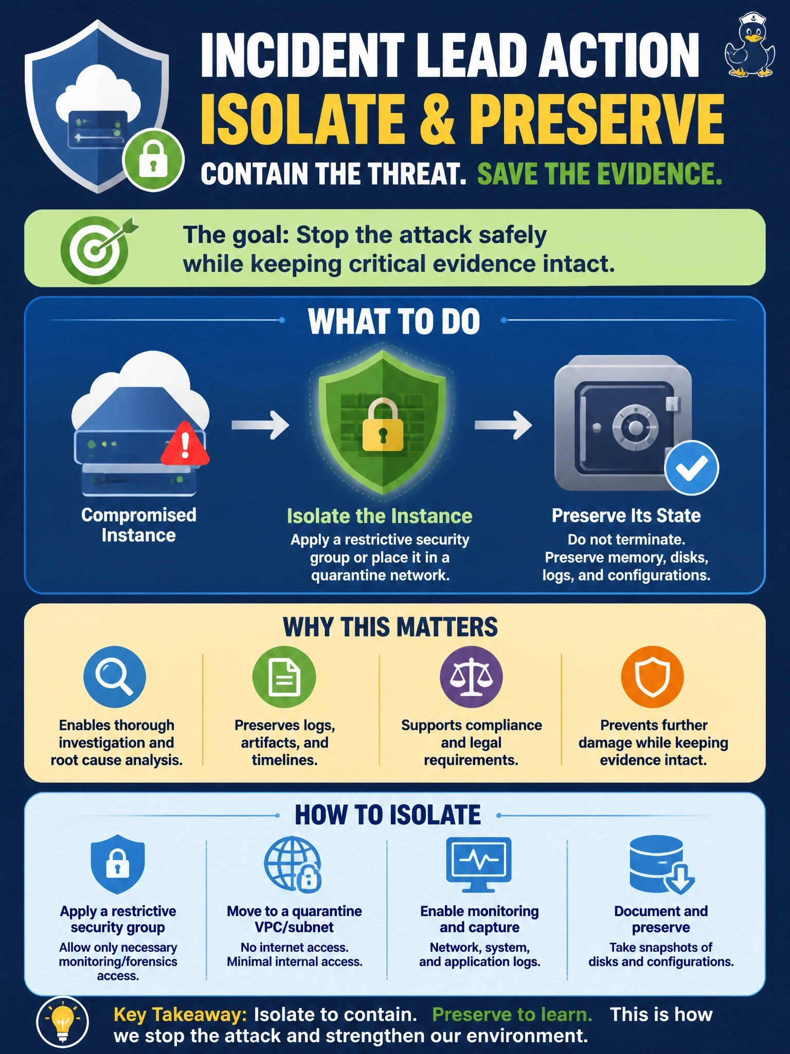To Create an exciting colorful infographic that explains the concepts in the question: Question: A cloud workload has been confirmed compromised. A junior analyst wants to terminate the instance immediately to stop the attack. What should the incident lead direct instead? Correct Answer: Isolate the instance with a restrictive security group or quarantine network and preserve its state, rather than terminating it. Put EVERY visible label in double quotes. No people. No A/B/C/D letters. In one of the four corners put a little "Navy Duck".