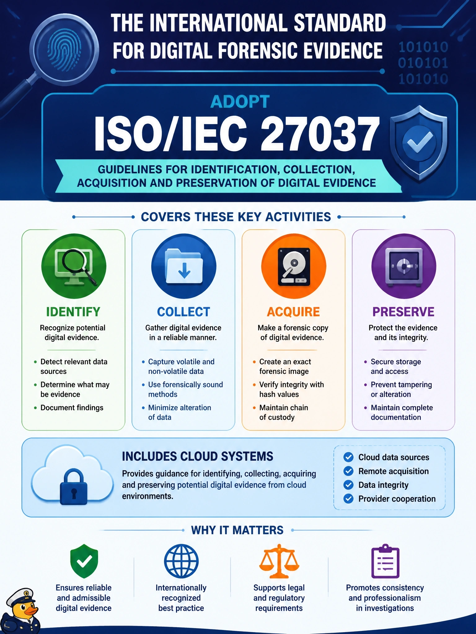 To Create an exciting colorful infographic that explains the concepts in the question: Question: A forensic team wants an international standard that provides guidelines for identifying, collecting, acquiring and preserving potential digital evidence, including from cloud systems. Which standard should it adopt for these activities? Correct Answer: ISO/IEC 27037 Put EVERY visible label in double quotes. No people. No A/B/C/D letters. In one of the four corners put a little "Navy Duck".