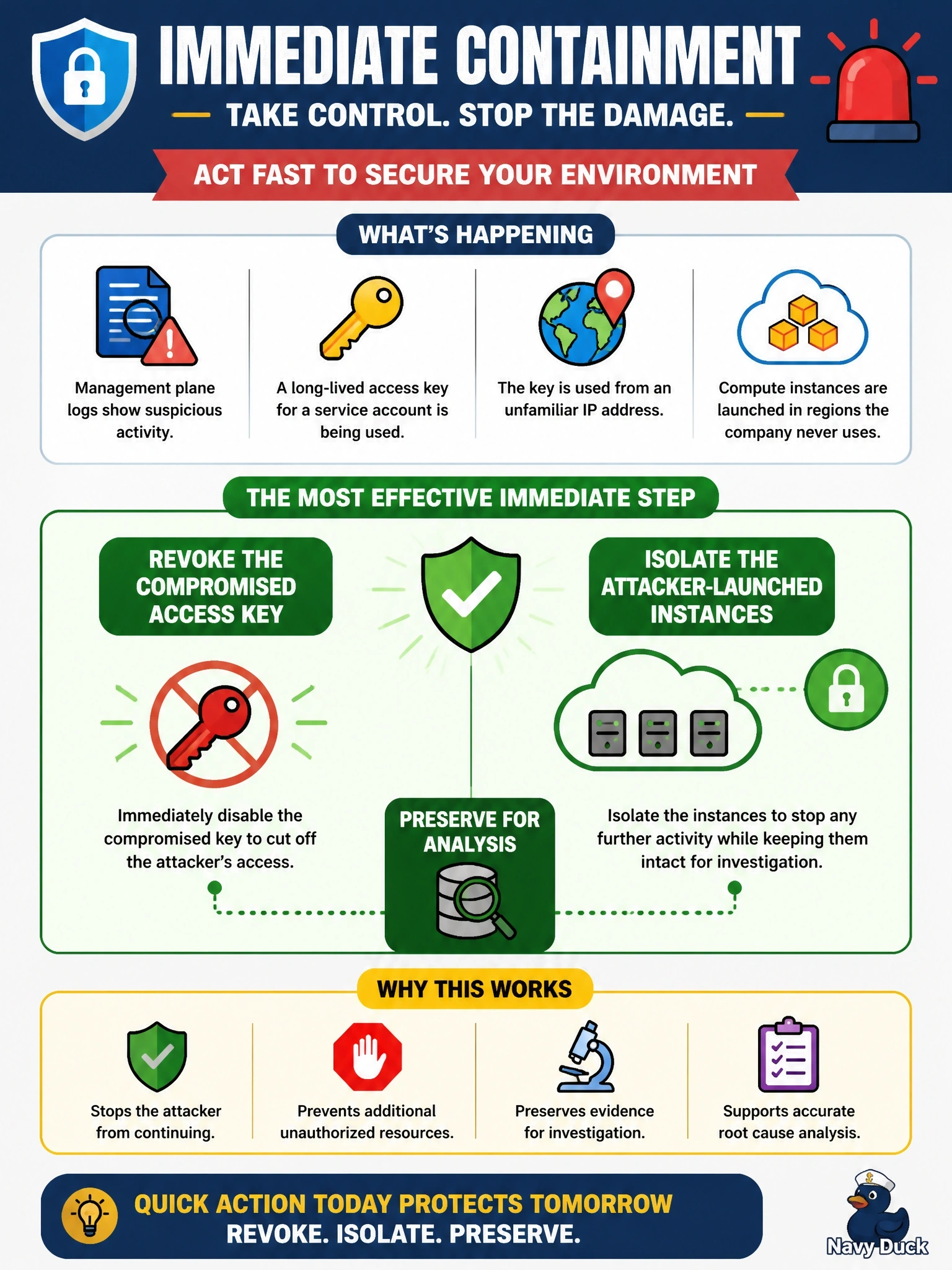 To Create an exciting colorful infographic that explains the concepts in the question: Question: Management plane logs show that a long-lived access key belonging to a service account is being used right now from an unfamiliar IP address to launch compute instances in regions the company never uses. What is the most effective immediate containment step? Correct Answer: Revoke the compromised access key and isolate the attacker-launched instances, preserving them for analysis Put EVERY visible label in double quotes. No people. No A/B/C/D letters. In one of the four corners put a little "Navy Duck".