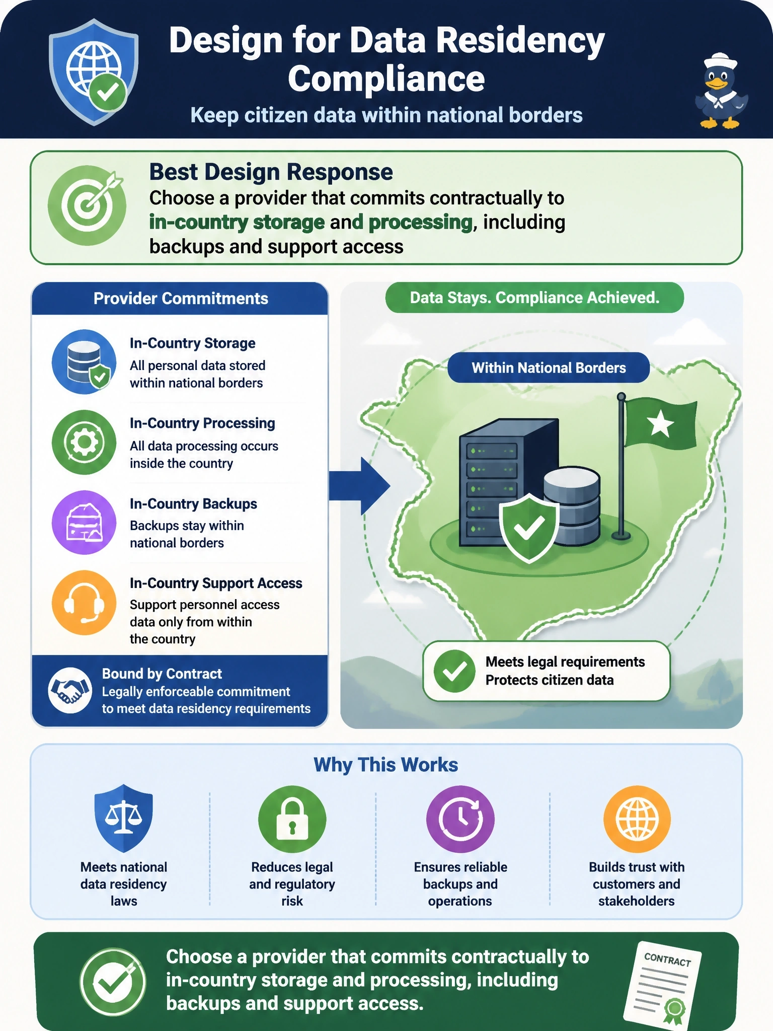 To Create an exciting colorful infographic that explains the concepts in the question: Question: A multinational plans to roll out a SaaS human resources system. One country where it operates has a statute requiring that personal data about its citizens be stored and processed only within national borders. Which design response best satisfies this requirement? Correct Answer: Choose a provider that commits contractually to in-country storage and processing, including backups and support access Put EVERY visible label in double quotes. No people. No A/B/C/D letters. In one of the four corners put a little "Navy Duck".