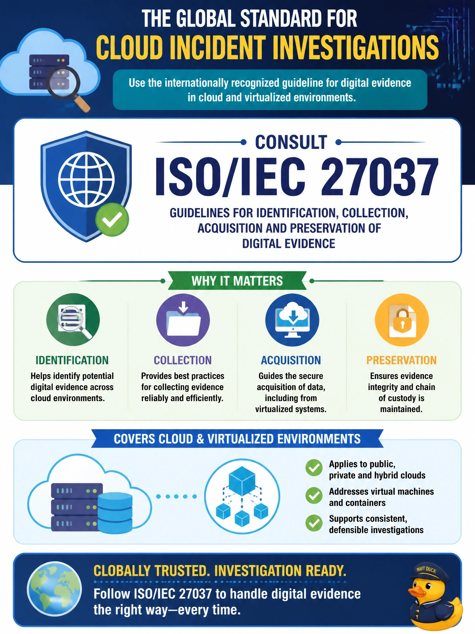 To Create an exciting colorful infographic that explains the concepts in the question: Question: Investigators handling a cloud incident need internationally recognized guidelines for the identification, collection, acquisition and preservation of potential digital evidence, including from virtualized systems. Which standard should they consult? Correct Answer: ISO/IEC 27037 Put EVERY visible label in double quotes. No people. No A/B/C/D letters. In one of the four corners put a little "Navy Duck".