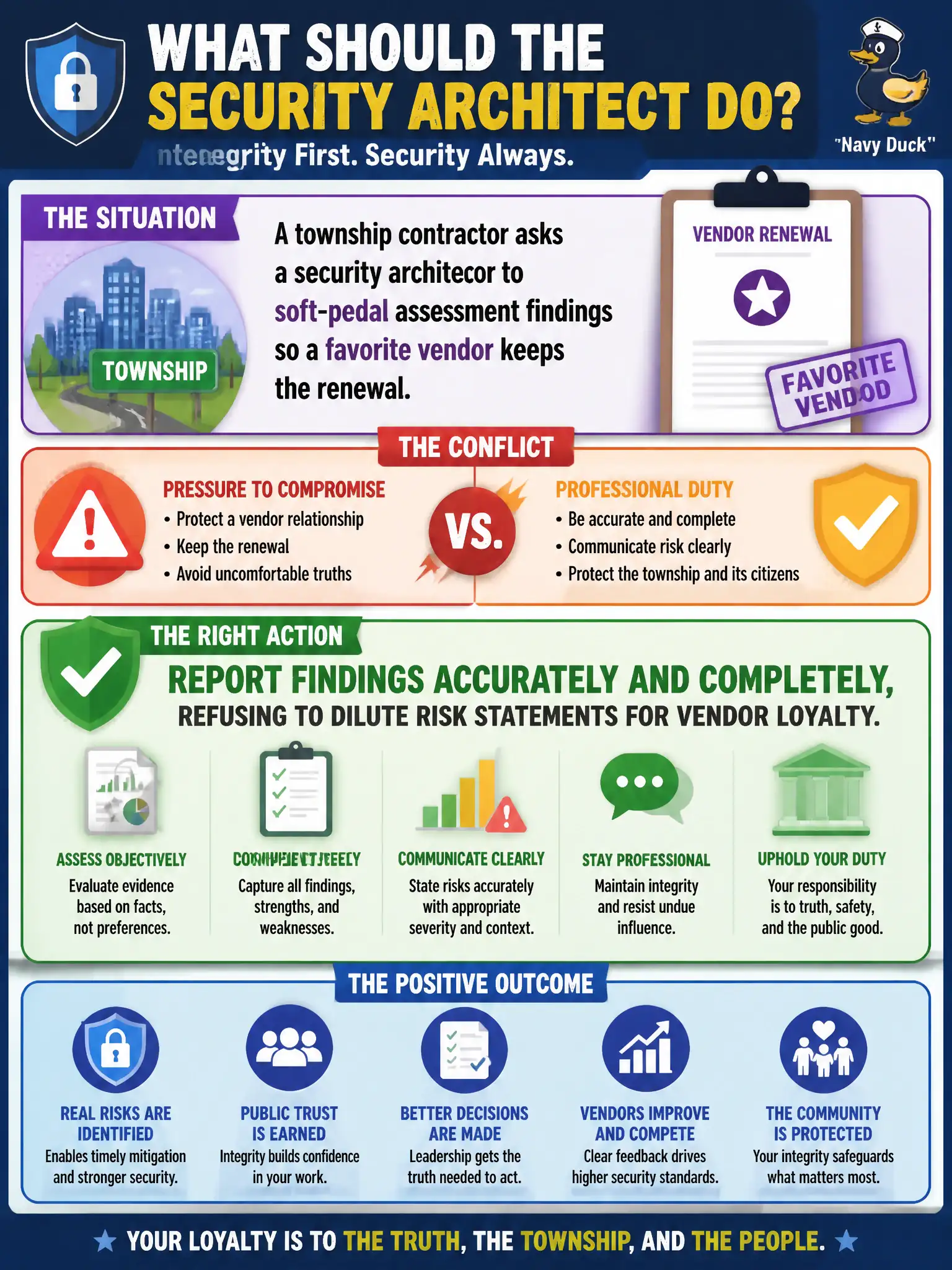 To Create an exciting colorful infographic that explains the concepts in the question: Question: A township contractor asks a security architect to soft-pedal assessment findings so a favorite vendor keeps the renewal. What should the architect do? Correct Answer: Report findings accurately and completely, refusing to dilute risk statements for vendor loyalty. Put EVERY visible label in double quotes. No people. No A/B/C/D letters. In one of the four corners put a little "Navy Duck".