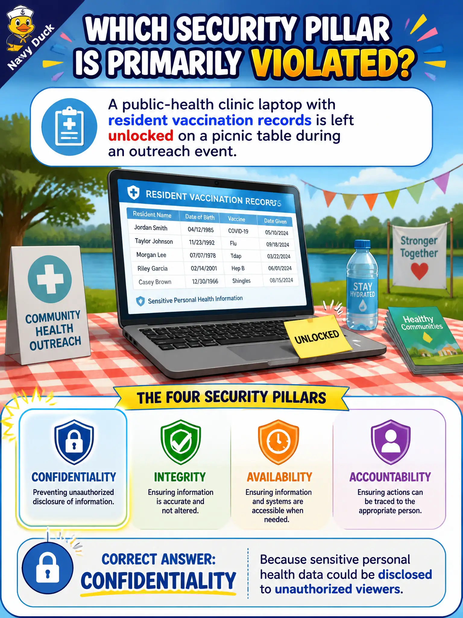 To Create an exciting colorful infographic that explains the concepts in the question: Question: A public-health clinic laptop with resident vaccination records is left unlocked on a picnic table during an outreach event. Which security pillar is primarily violated? Correct Answer: Confidentiality, because sensitive personal health data could be disclosed to unauthorized viewers. Put EVERY visible label in double quotes. No people. No A/B/C/D letters. In one of the four corners put a little "Navy Duck".
