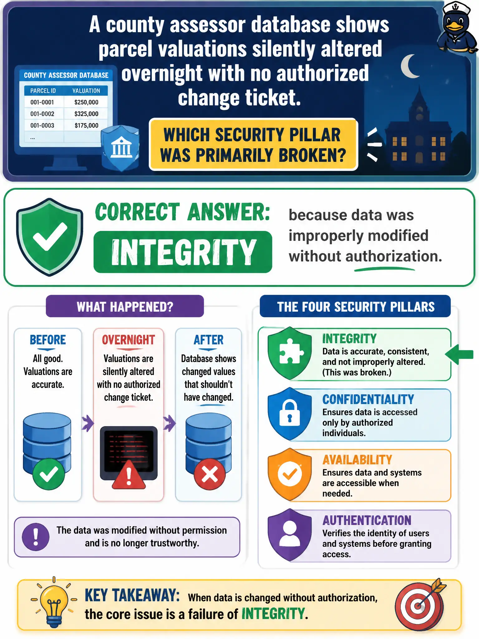 To Create an exciting colorful infographic that explains the concepts in the question: Question: A county assessor database shows parcel valuations silently altered overnight with no authorized change ticket. Which security pillar was primarily broken? Correct Answer: Integrity, because data was improperly modified without authorization. Put EVERY visible label in double quotes. No people. No A/B/C/D letters. In one of the four corners put a little "Navy Duck".