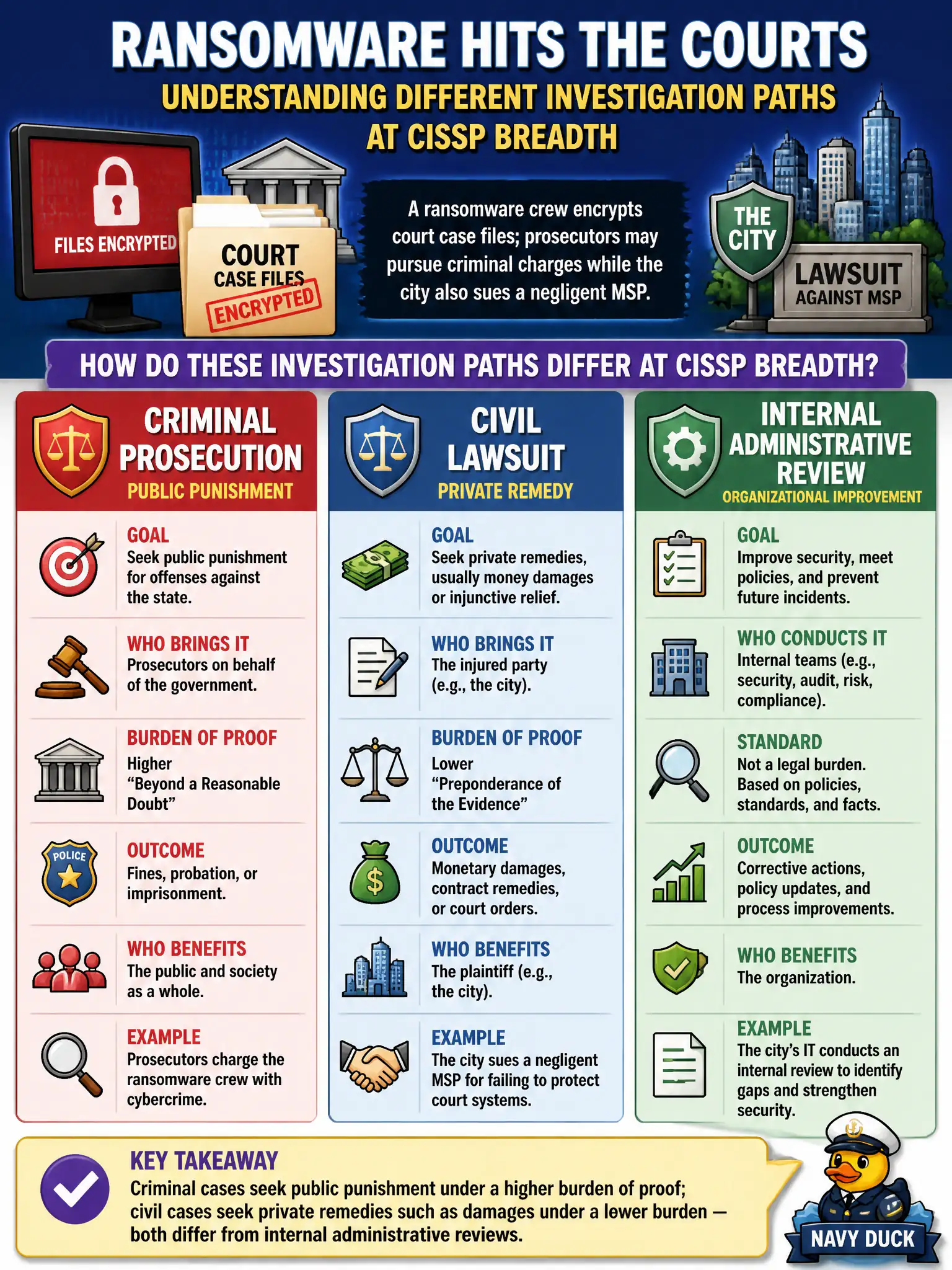 To Create an exciting colorful infographic that explains the concepts in the question: Question: A ransomware crew encrypts court case files; prosecutors may pursue criminal charges while the city also sues a negligent MSP. How do these investigation paths differ at CISSP breadth? Correct Answer: Criminal cases seek public punishment under a higher burden of proof; civil cases seek private remedies such as damages under a lower burden — both differ from internal administrative reviews. Put EVERY visible label in double quotes. No people. No A/B/C/D letters. In one of the four corners put a little "Navy Duck".