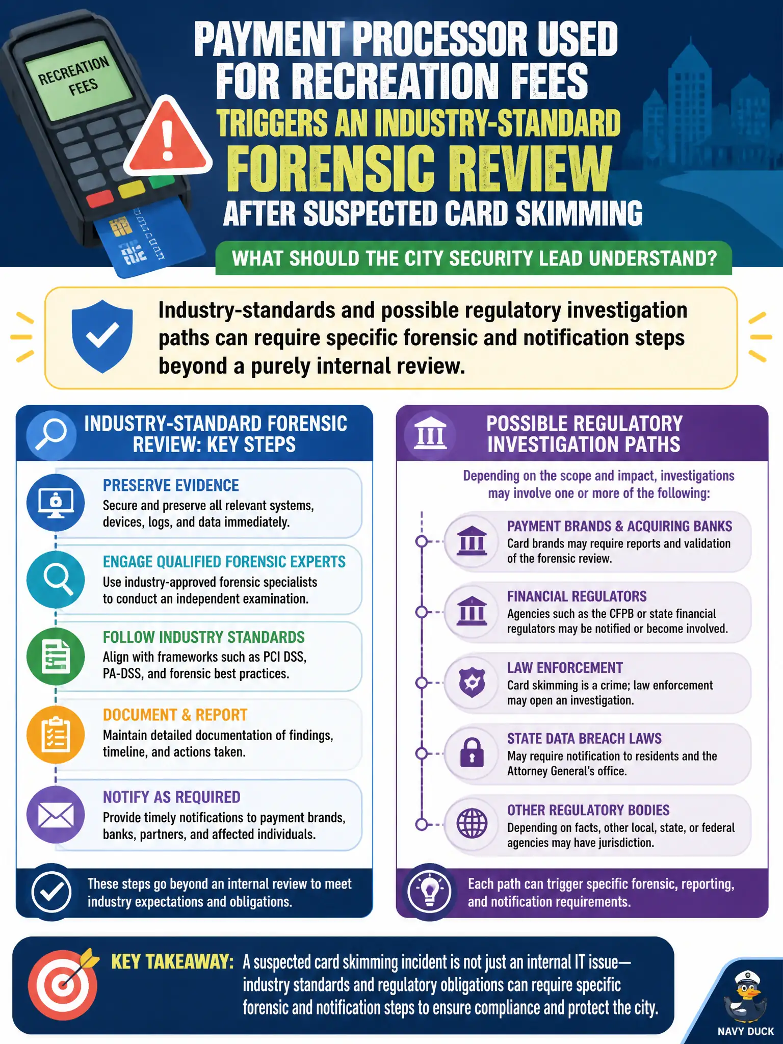 To Create an exciting colorful infographic that explains the concepts in the question: Question: A payment processor used for recreation fees triggers an industry-standard forensic review after suspected card skimming. What should the city security lead understand? Correct Answer: Industry-standards and possible regulatory investigation paths can require specific forensic and notification steps beyond a purely internal review. Put EVERY visible label in double quotes. No people. No A/B/C/D letters. In one of the four corners put a little "Navy Duck".