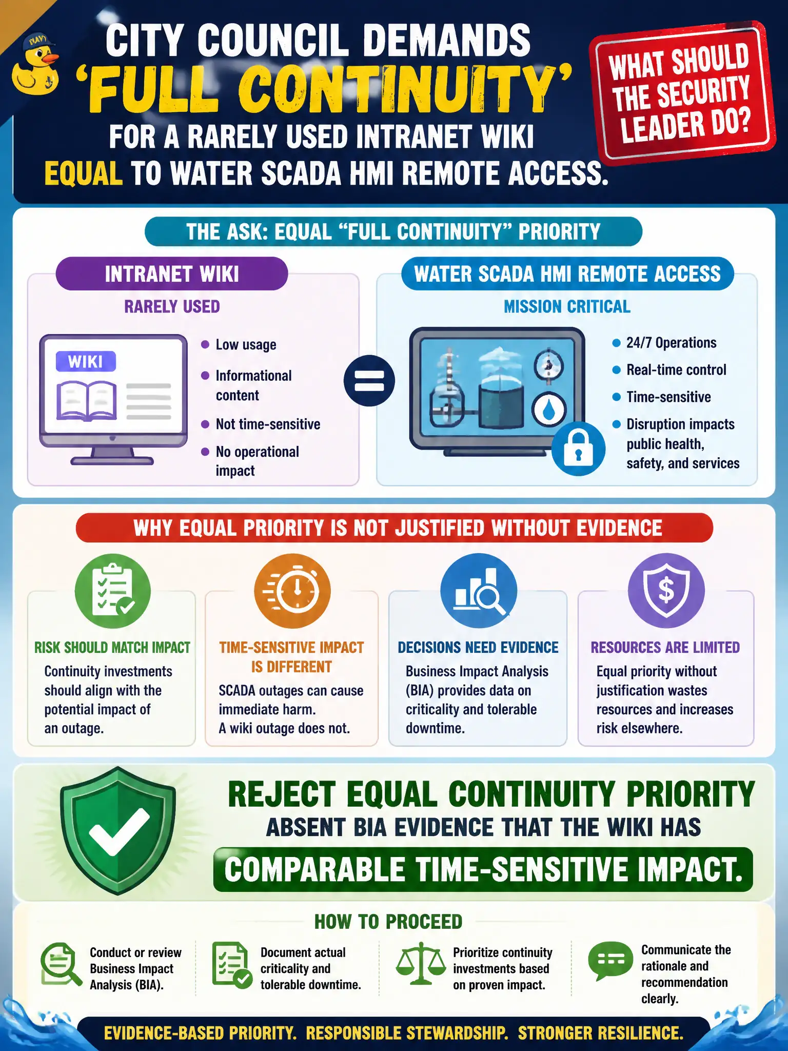 To Create an exciting colorful infographic that explains the concepts in the question: Question: City council demands 'full continuity' for a rarely used intranet wiki equal to water SCADA HMI remote access. What should the security leader do? Correct Answer: Reject equal continuity priority absent BIA evidence that the wiki has comparable time-sensitive impact. Put EVERY visible label in double quotes. No people. No A/B/C/D letters. In one of the four corners put a little "Navy Duck".