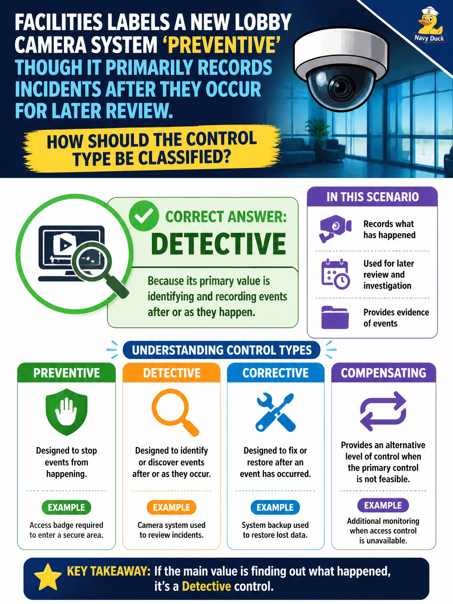 To Create an exciting colorful infographic that explains the concepts in the question: Question: Facilities labels a new lobby camera system 'preventive' though it primarily records incidents after they occur for later review. How should the control type be classified? Correct Answer: Detective, because its primary value is identifying and recording events after or as they happen. Put EVERY visible label in double quotes. No people. No A/B/C/D letters. In one of the four corners put a little "Navy Duck".