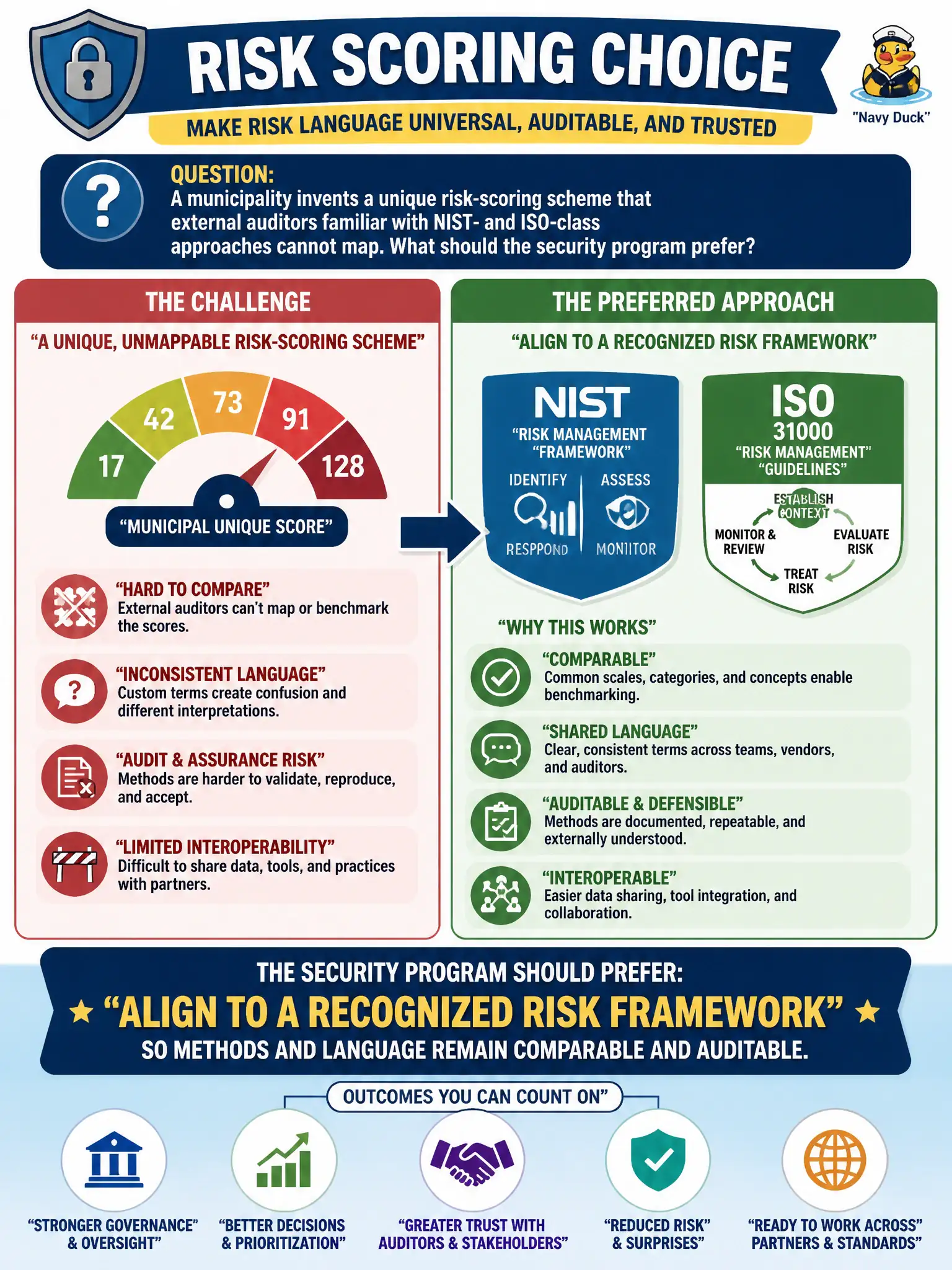 To Create an exciting colorful infographic that explains the concepts in the question: Question: A municipality invents a unique risk-scoring scheme that external auditors familiar with NIST- and ISO-class approaches cannot map. What should the security program prefer? Correct Answer: Align to a recognized risk framework example so methods and language remain comparable and auditable. Put EVERY visible label in double quotes. No people. No A/B/C/D letters. In one of the four corners put a little "Navy Duck".