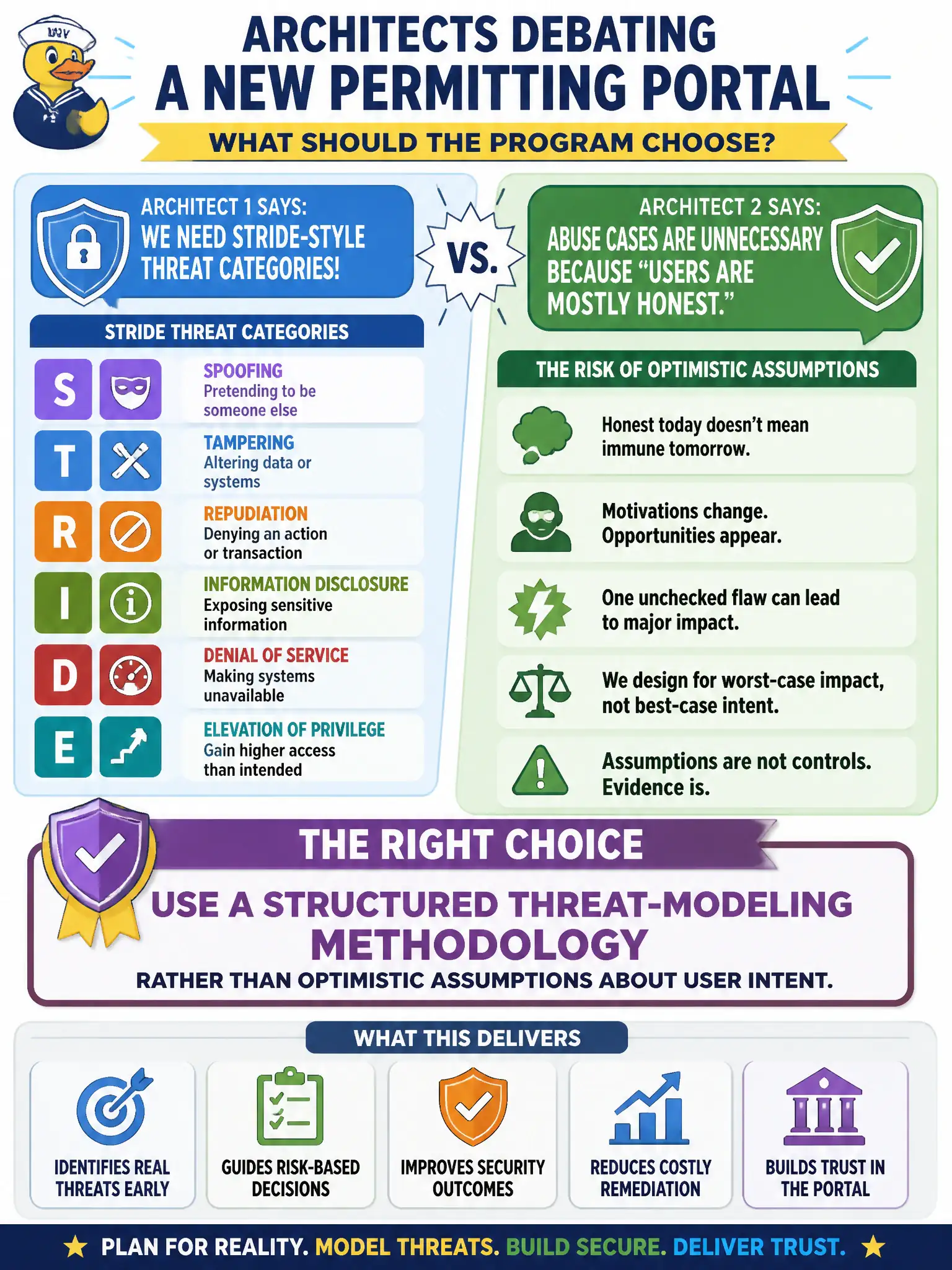 To Create an exciting colorful infographic that explains the concepts in the question: Question: Architects debating a new permitting portal disagree: one wants STRIDE-style threat categories; another says abuse cases are unnecessary because 'users are mostly honest.' What should the program choose? Correct Answer: Use a structured threat-modeling methodology rather than optimistic assumptions about user intent. Put EVERY visible label in double quotes. No people. No A/B/C/D letters. In one of the four corners put a little "Navy Duck".