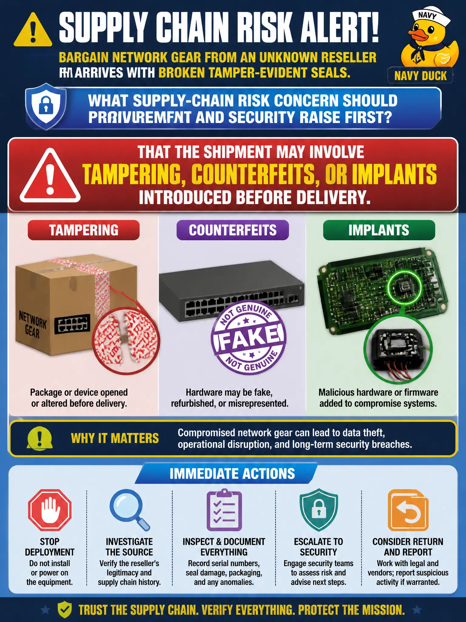 To Create an exciting colorful infographic that explains the concepts in the question: Question: Bargain network gear from an unknown reseller arrives with broken tamper-evident seals. What supply-chain risk concern should procurement and security raise first? Correct Answer: That the shipment may involve tampering, counterfeits, or implants introduced before delivery. Put EVERY visible label in double quotes. No people. No A/B/C/D letters. In one of the four corners put a little "Navy Duck".