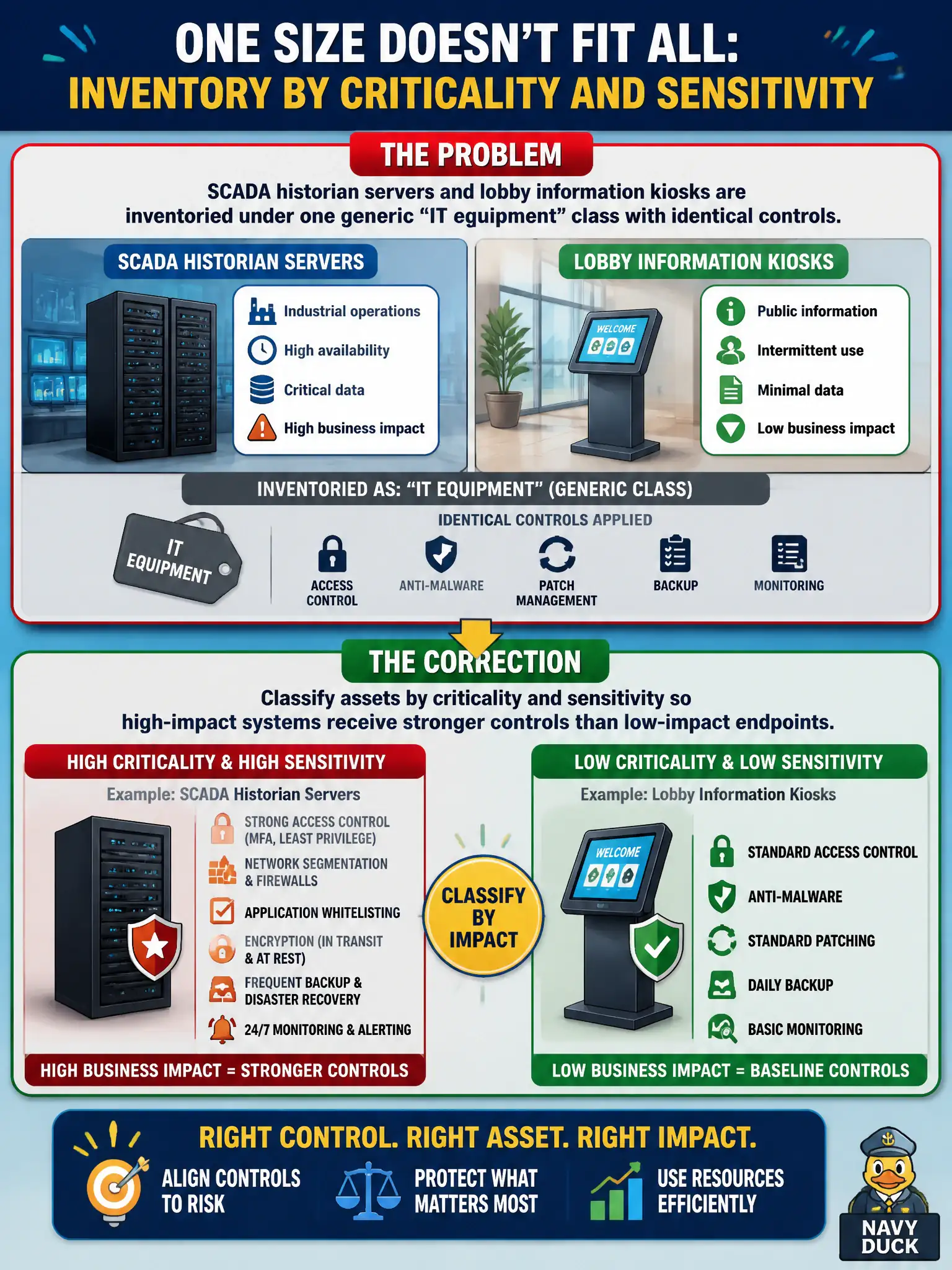 To Create an exciting colorful infographic that explains the concepts in the question: Question: SCADA historian servers and lobby information kiosks are inventoried under one generic 'IT equipment' class with identical controls. What correction is needed? Correct Answer: Classify assets by criticality and sensitivity so high-impact systems receive stronger controls than low-impact endpoints. Put EVERY visible label in double quotes. No people. No A/B/C/D letters. In one of the four corners put a little "Navy Duck".
